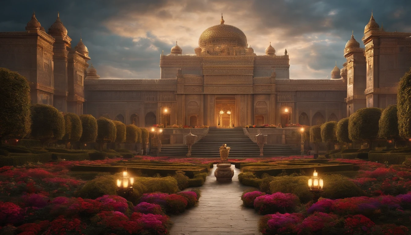 big palace and a throne in the middle, a king sitting on the throne, and a lot of people with him