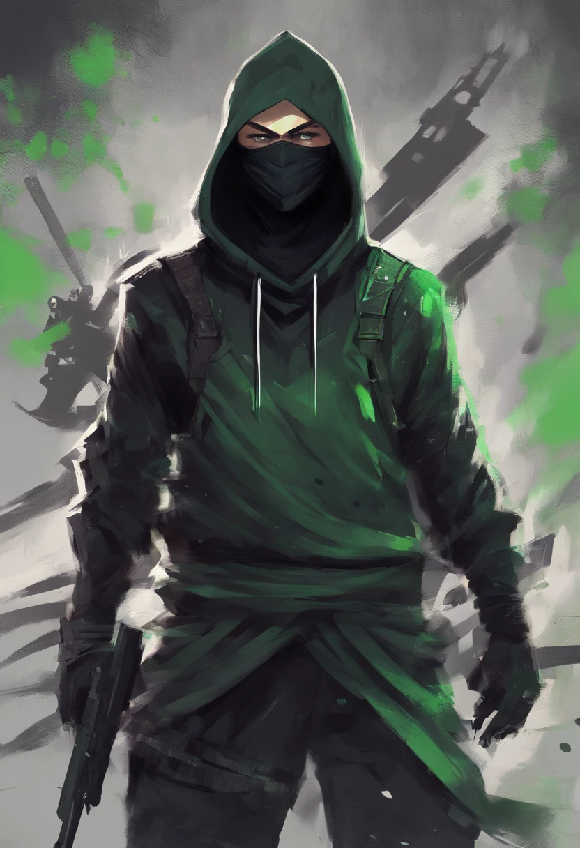 Ninja boy with black hoodie and black mask with white hair and green eyes carrying firearms