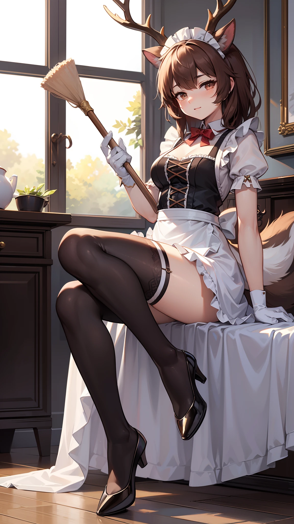 3DMM style,(Masterpiece, Top Quality, Best Quality, official arts, beautiful and aesthetic:1.2), (s fractal art:1.3), 1girl, (anthro furry:1.6, Horns, hooves:1.5, deer ears, Deer tail, brown fluffy skin), Beautiful, higly detailed, brown hair, gray eyes, Dark lighting, seductive face, Middle C maid outfit, apron, translucent stockings, fetish), Seductive legs, House Cleaning, Working with a mop, full - body:1.8, ah high, perfect anatomy