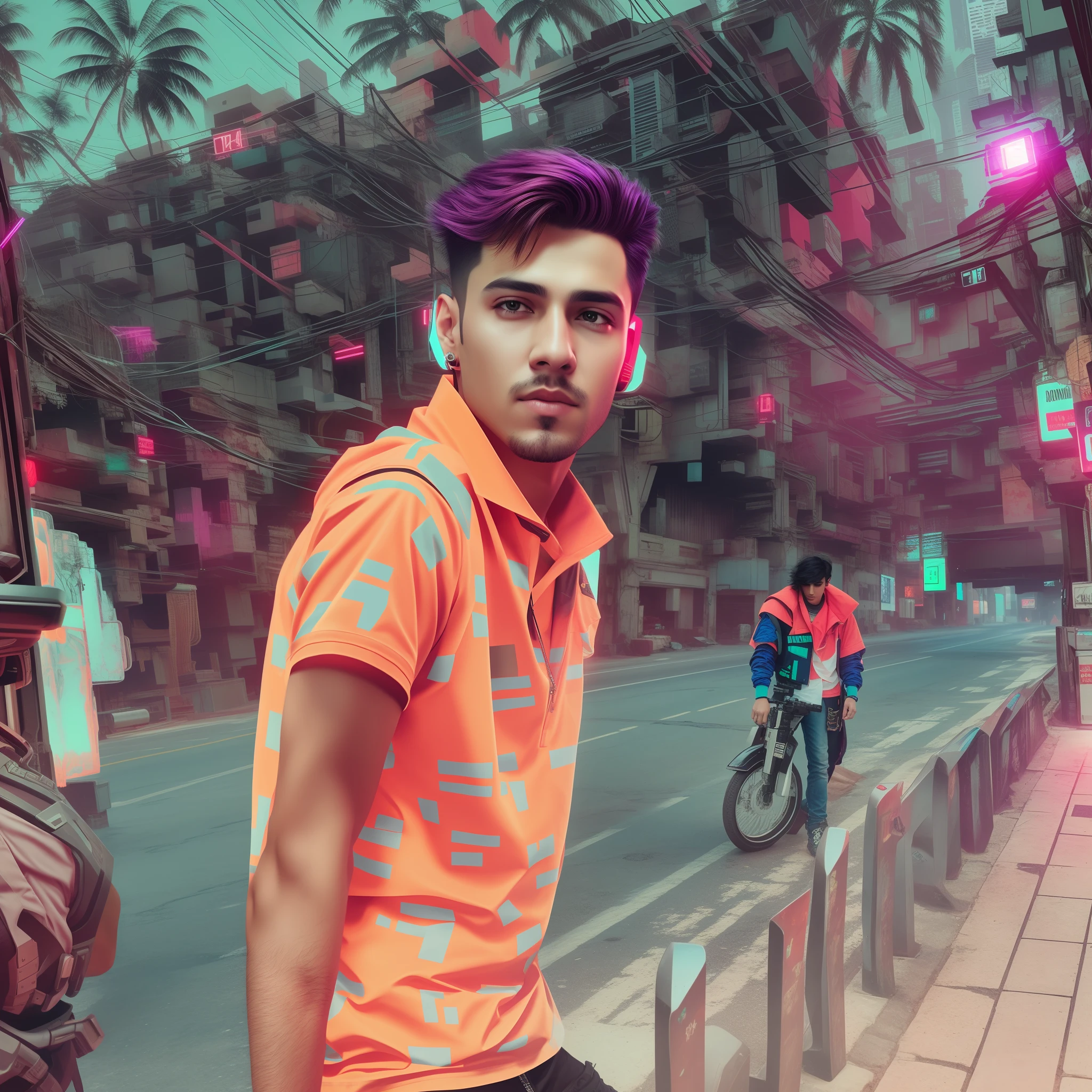 Change background cyberpunk handsome boy , realistic face 8k . Ultra realistic