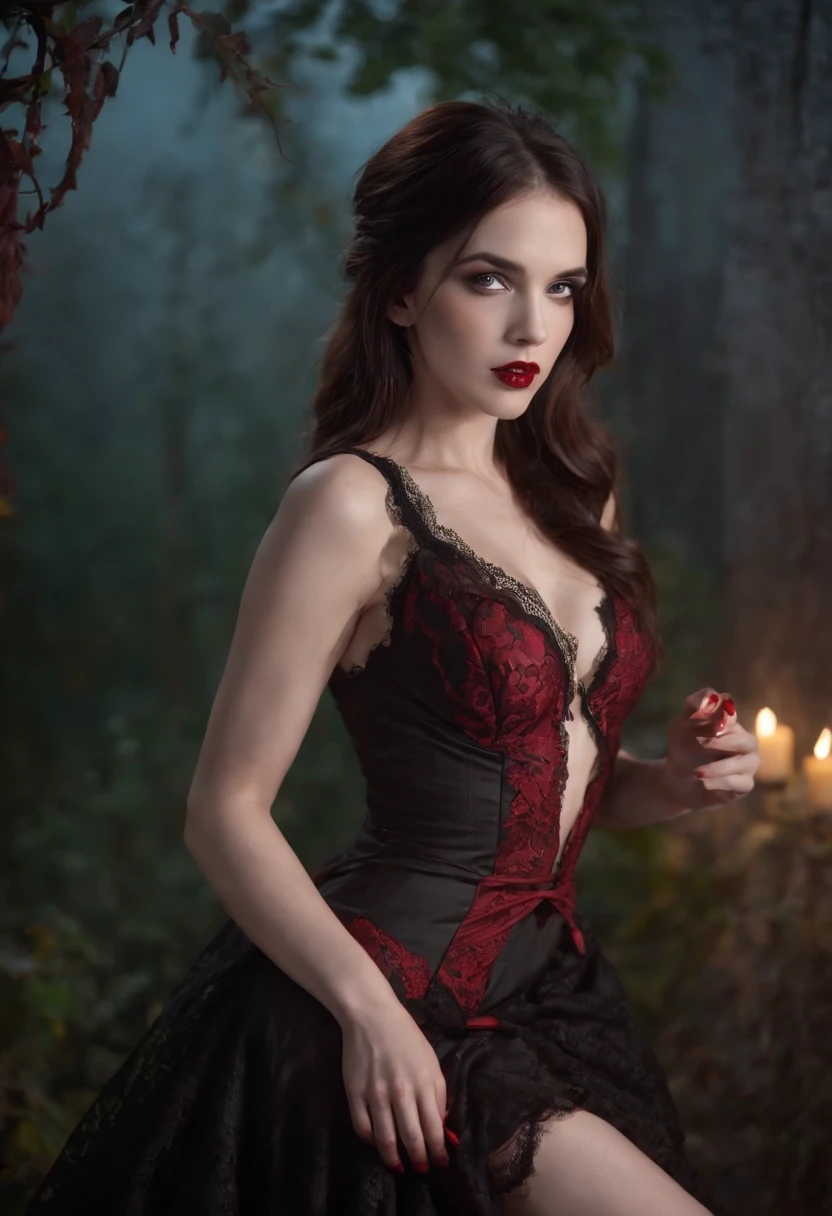 Full body view, 1 Vampires, (Female:0.8), poison fangs, Blood, Neck bites, Pale skin, intense eyes, Seductive expression, (Blood dripping:1.2), (Erotic atmosphere:1.3), Dark hair, Long flowing hair, (Black lace dress:1.2), (cropped shoulders:0.9), (Red corset:1.1), (Torn clothing:0.8), (Seductive pose:1.2), (Moaning:1.4), (Moonlight:1.3), (gothic environment:1.2), (haunting background:1.1), (lifting one leg:1.2), (Glossy lips:0.9), (Whisper sweetly:1.2), (sensual lighting:1.3), (Long nails:1.1), (Heavy atmosphere:1.2), (A lingering touch:1.3), (Erotic tension:1.4).