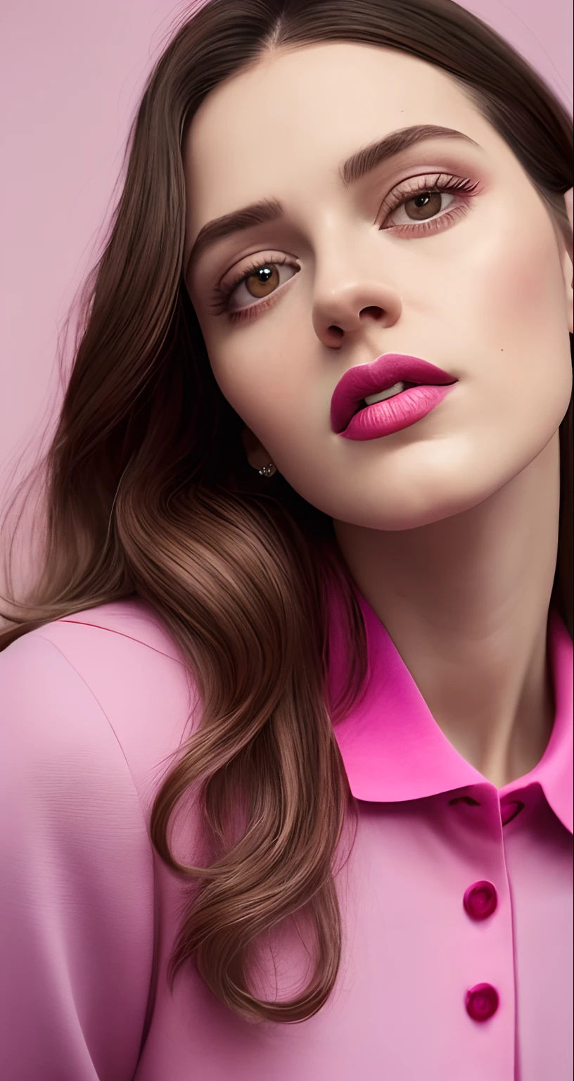 TikTok photo 37-year-old woman, closeup shot, .raw, Masterpiece, realisitic, A hyper-realistic, muted color, film grain, 
looking up at viewer, Polo's pastel perfection is looking for a casual soft collar from the 80s, Fascinating, 
Magenta dress wearing flowers,