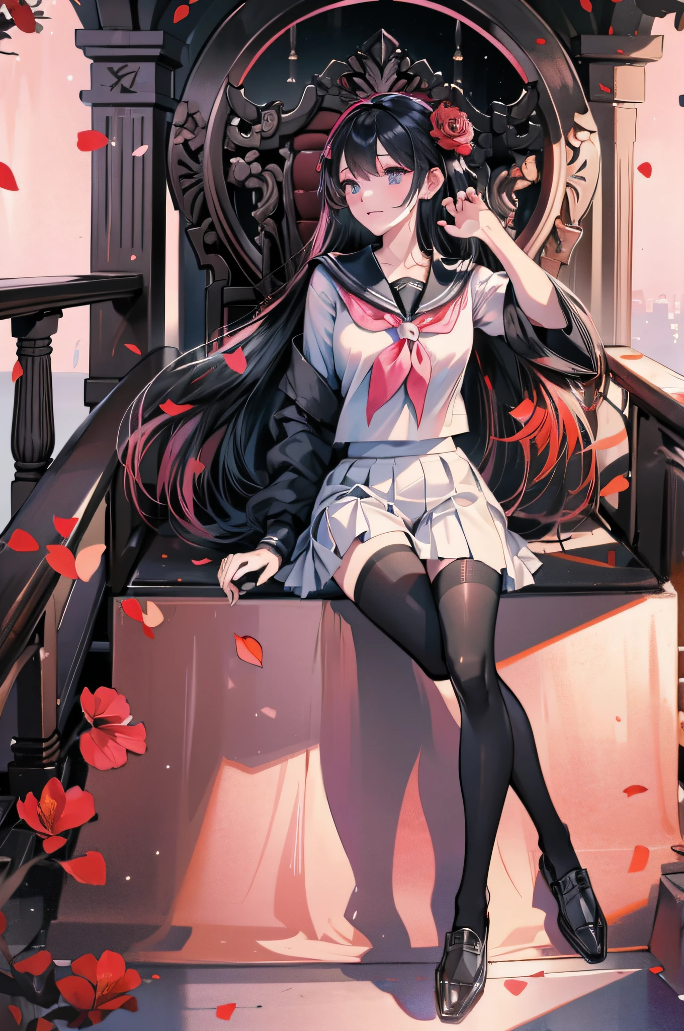camellia, flower, red_flower, red_rose, rose, katana, 1girl, pink_rose, pink_flower, spider_lily, shoes, long_hair, school_uniform, serafuku, sheath, skirt, solo, sheathed, vase, looking_at_viewer, sitting, orange_flower, pleated_skirt, rose_petals, black_shirt, black_legwear, black_skirt, hibiscus, very_long_hair, parted_lips, loafers, sailor_collar, black_hair, neckerchief