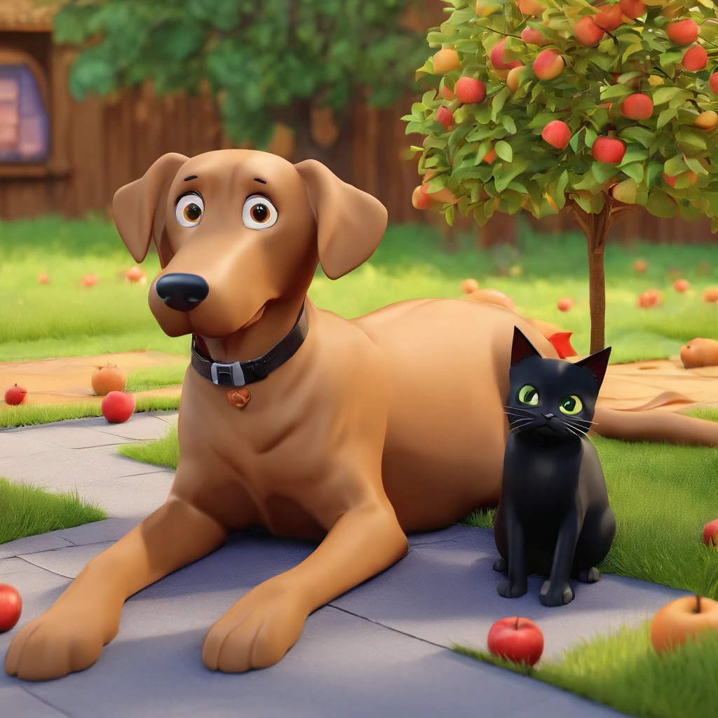 Cartoon. The image contains one all brown Labrador retriever dog sitting next to an all black cat that has long hair. The dog is a slim with brown eyes, and a happy, goofy expression. The black cat looks grumpy, irritated, with large, expressive, bright yellow eyes. the background is a grassy backyard with an apple tree, the tree has many apples, and there are apples on the ground