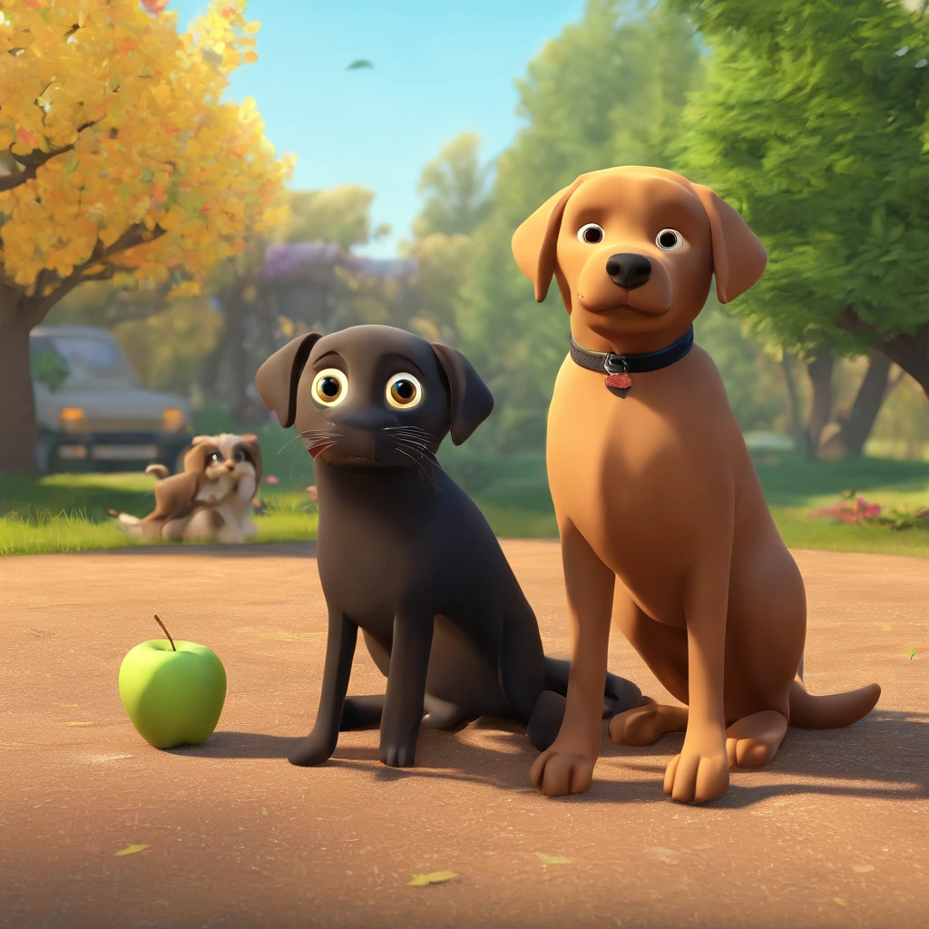 Cartoon. The image contains one all brown Labrador retriever dog sitting next to an all black cat that has long hair. The dog is a slim with brown eyes, and a happy, goofy expression. The black cat looks grumpy, irritated, with large, expressive, bright yellow eyes. the background is a grassy backyard with an apple tree, the tree has many apples, and there are apples on the ground