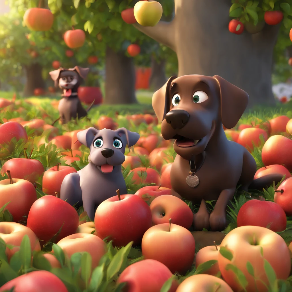 Cartoon. The image contains one all brown Labrador retriever dog sitting next to an all black cat that has long hair. The dog is a slim with brown eyes, and a happy, goofy expression. The black cat looks grumpy, irritated, with large, expressive, bright yellow eyes. the background is a grassy backyard with an apple tree, the tree has many apples, and there are apples on the ground