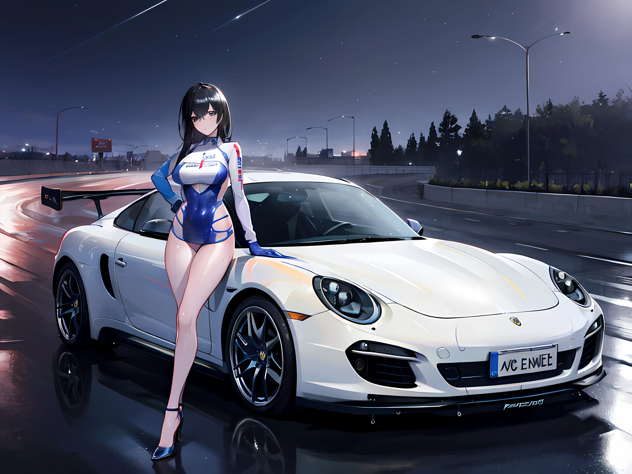 Unreal Engine 5 Realistic Rendering, Race QueenUniform, Exquisite beauty, Beautiful face, Body shape of slim model, Colossal tits, shiny, wet shiny body, black hair, blue eyes, racing car, leaning on porsche 911, night time