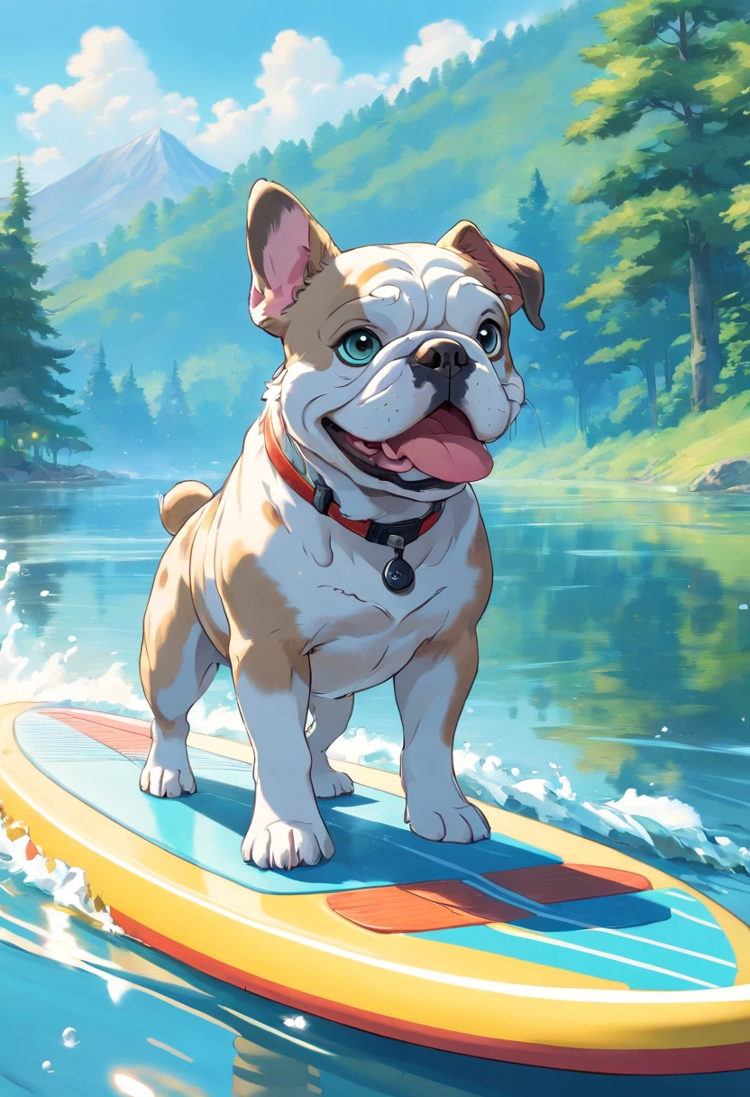 (full body,blue merle color,bulldog,detail:1.1),playing in a lake,(paddle board,water sports,summer activities),(ripples on the water,reflection),sunlight,joyful expression,water splashes,sparkling water,energy,active dog,(outdoor,adventure,exploration),green surroundings,natural landscape,lush trees,(clear,crystal clear:1.1) sky,leisure time-(best quality,highres),(ultra-detailed,stunning details),(vivid colors)/(realistic,photo-realistic:1.37),serene atmosphere