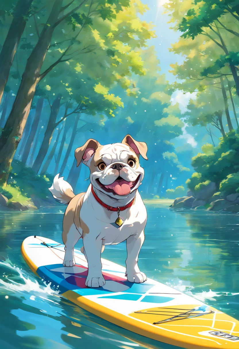 (full body,blue merle color,bulldog,detail:1.1),playing in a lake,(paddle board,water sports,summer activities),(ripples on the water,reflection),sunlight,joyful expression,water splashes,sparkling water,energy,active dog,(outdoor,adventure,exploration),green surroundings,natural landscape,lush trees,(clear,crystal clear:1.1) sky,leisure time-(best quality,highres),(ultra-detailed,stunning details),(vivid colors)/(realistic,photo-realistic:1.37),serene atmosphere