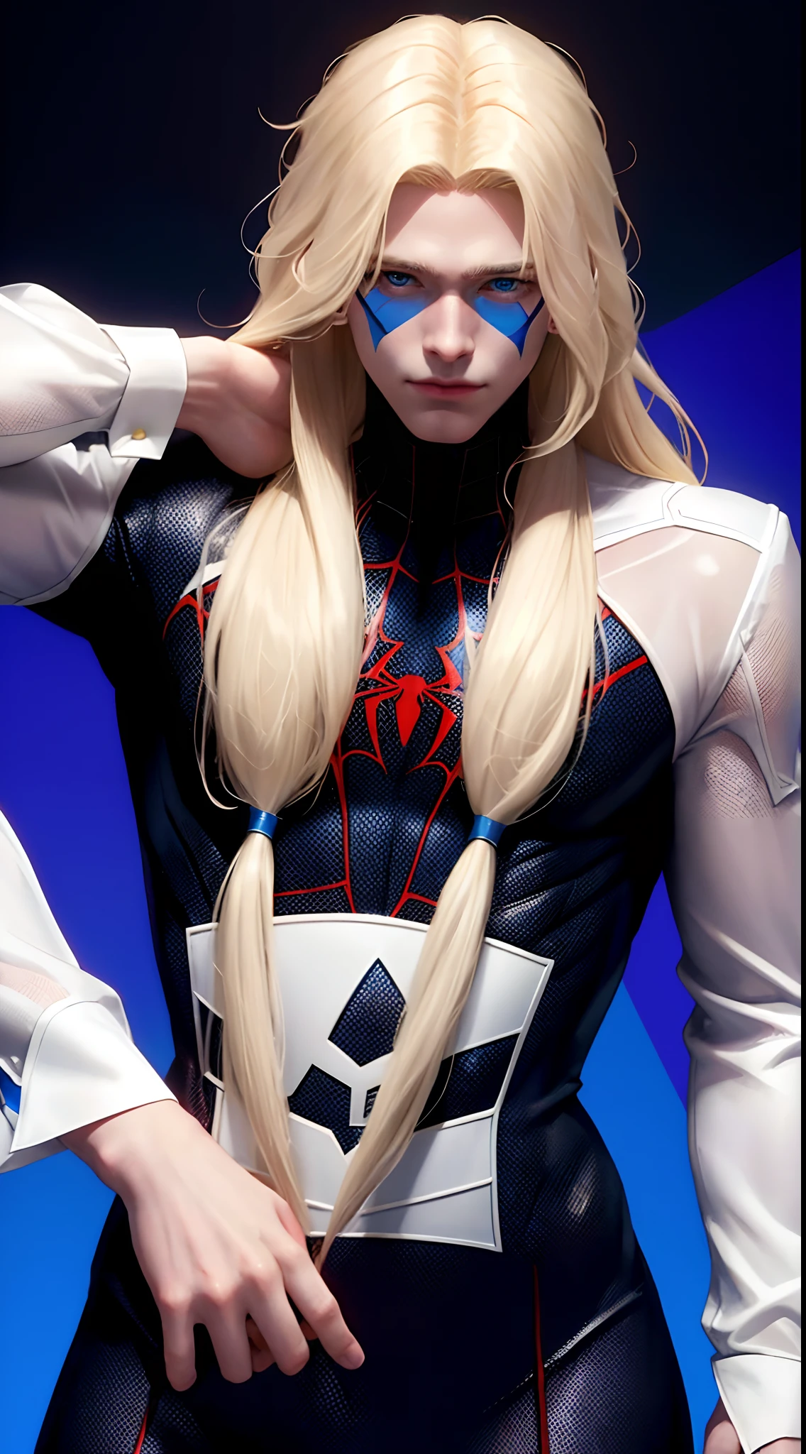 Spiderverse comic panel, man with Blond hair, long hair, Blue eyes, White power, in New York City, pale, 25 years old, Korean