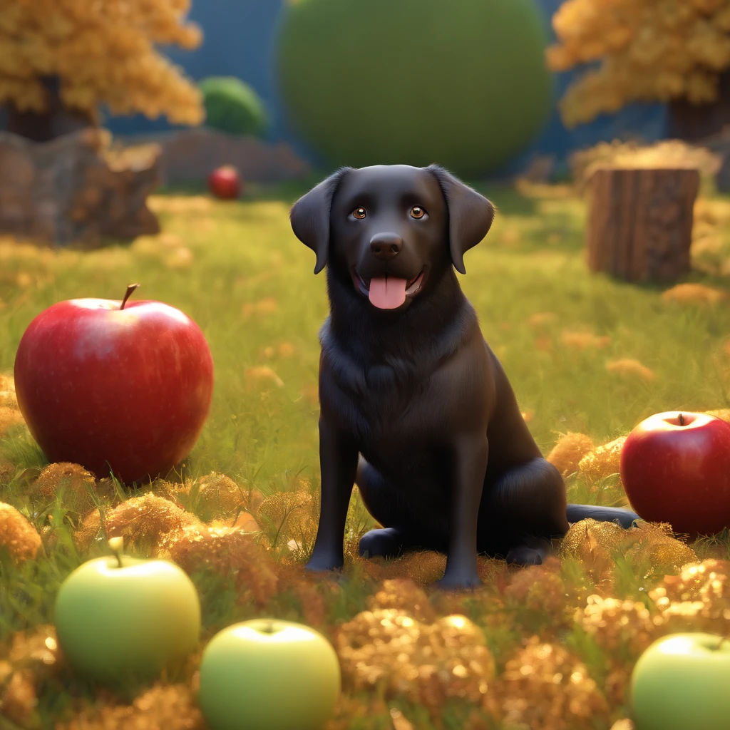 Cartoon. The image contains one dark brown Labrador retriever dog sitting next to an all black cat that has long hair. The dog is a slim with brown eyes, and a happy, goofy expression. The black cat looks grumpy, irritated, with large, expressive, bright yellow eyes. the background is a grassy backyard with an apple tree, the tree has many apples, and there are apples on the ground