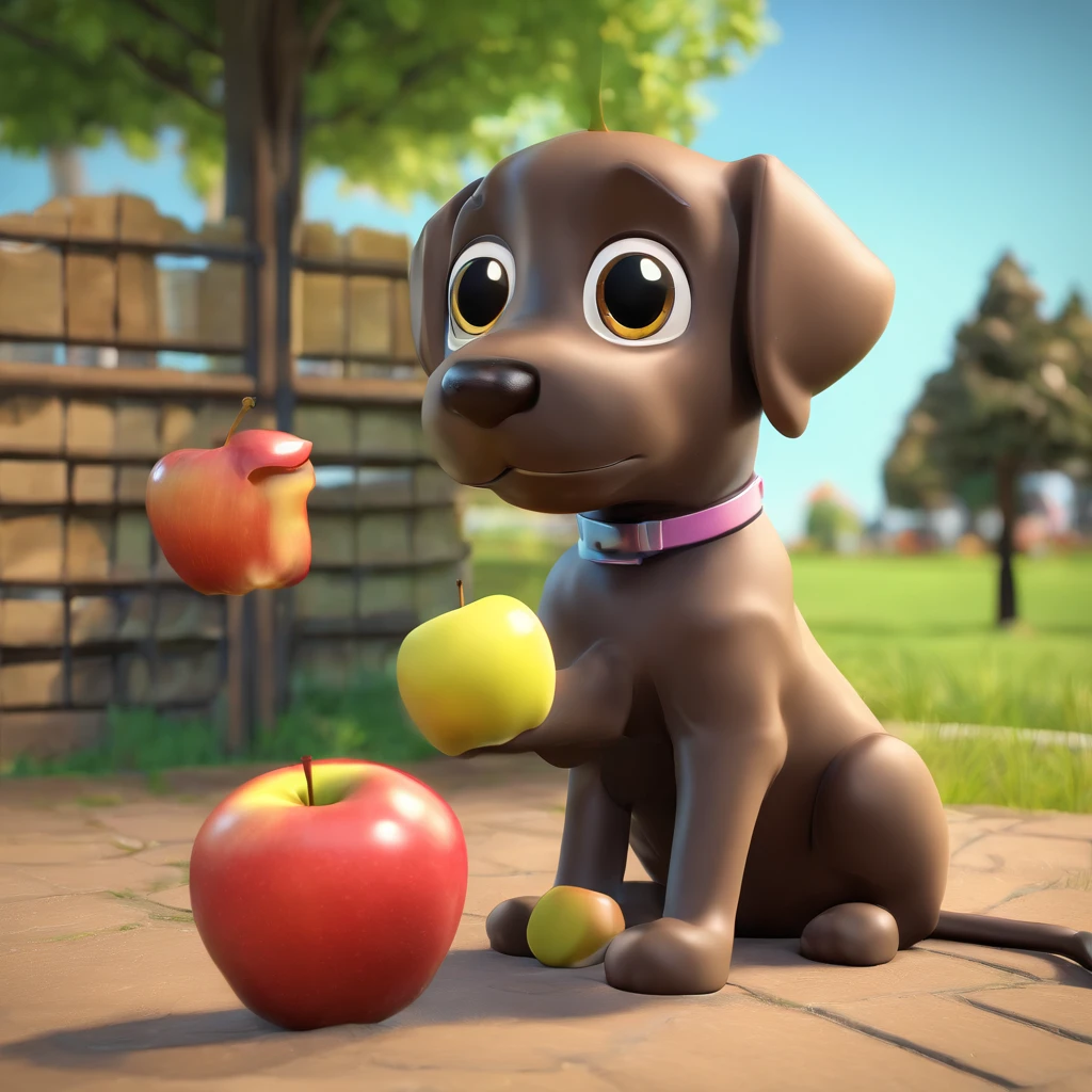 Cartoon. The image contains one dark brown Labrador retriever dog sitting next to an all black cat that has long hair. The dog is a slim with brown eyes, and a happy, goofy expression. The black cat looks grumpy, irritated, with large, expressive, bright yellow eyes. the background is a grassy backyard with an apple tree, the tree has many apples, and there are apples on the ground