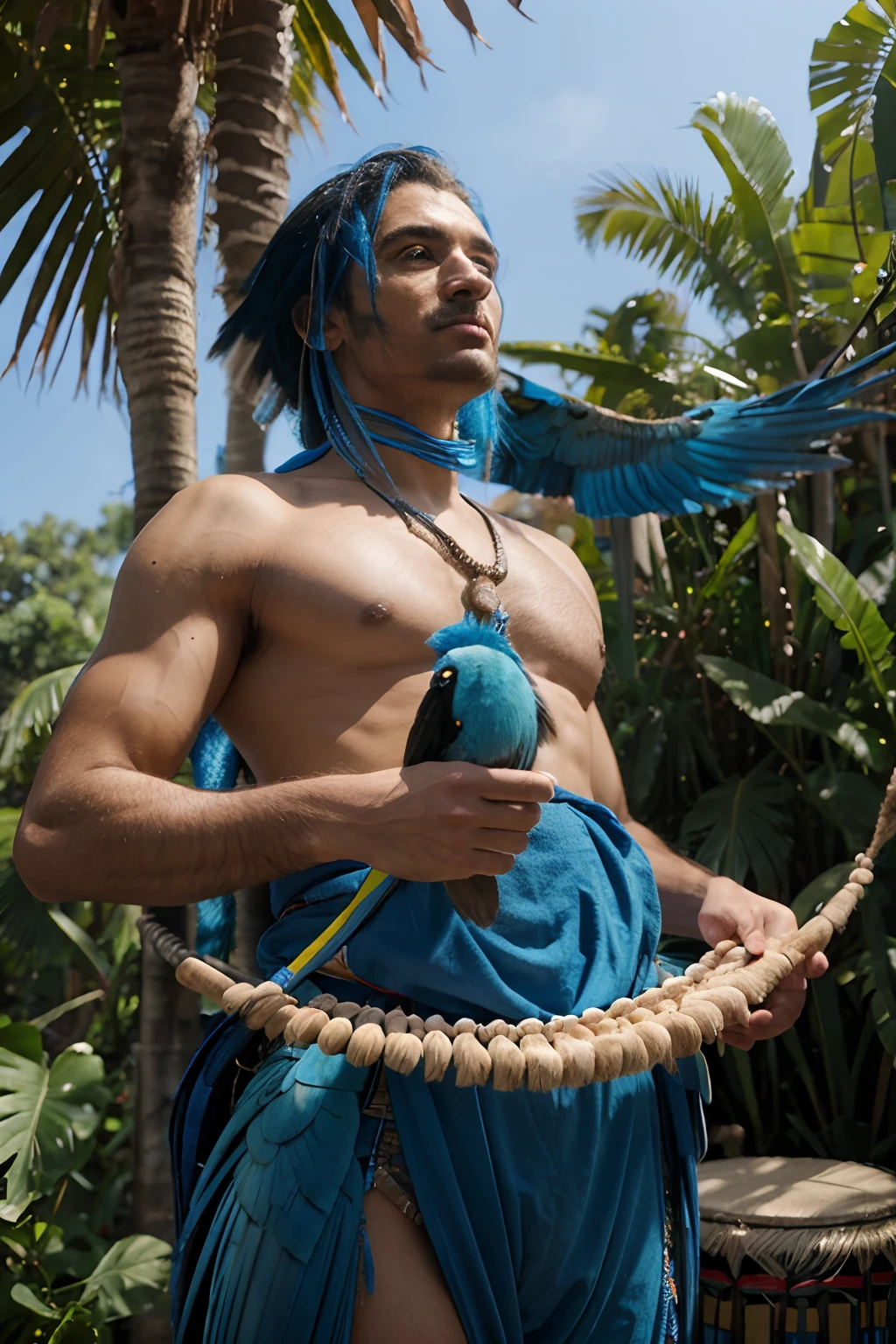 Bright blue montage of blue macaw, Masterpiece, best quality, very detailed beautiful faces and bodies, ethnic drums, very happy,