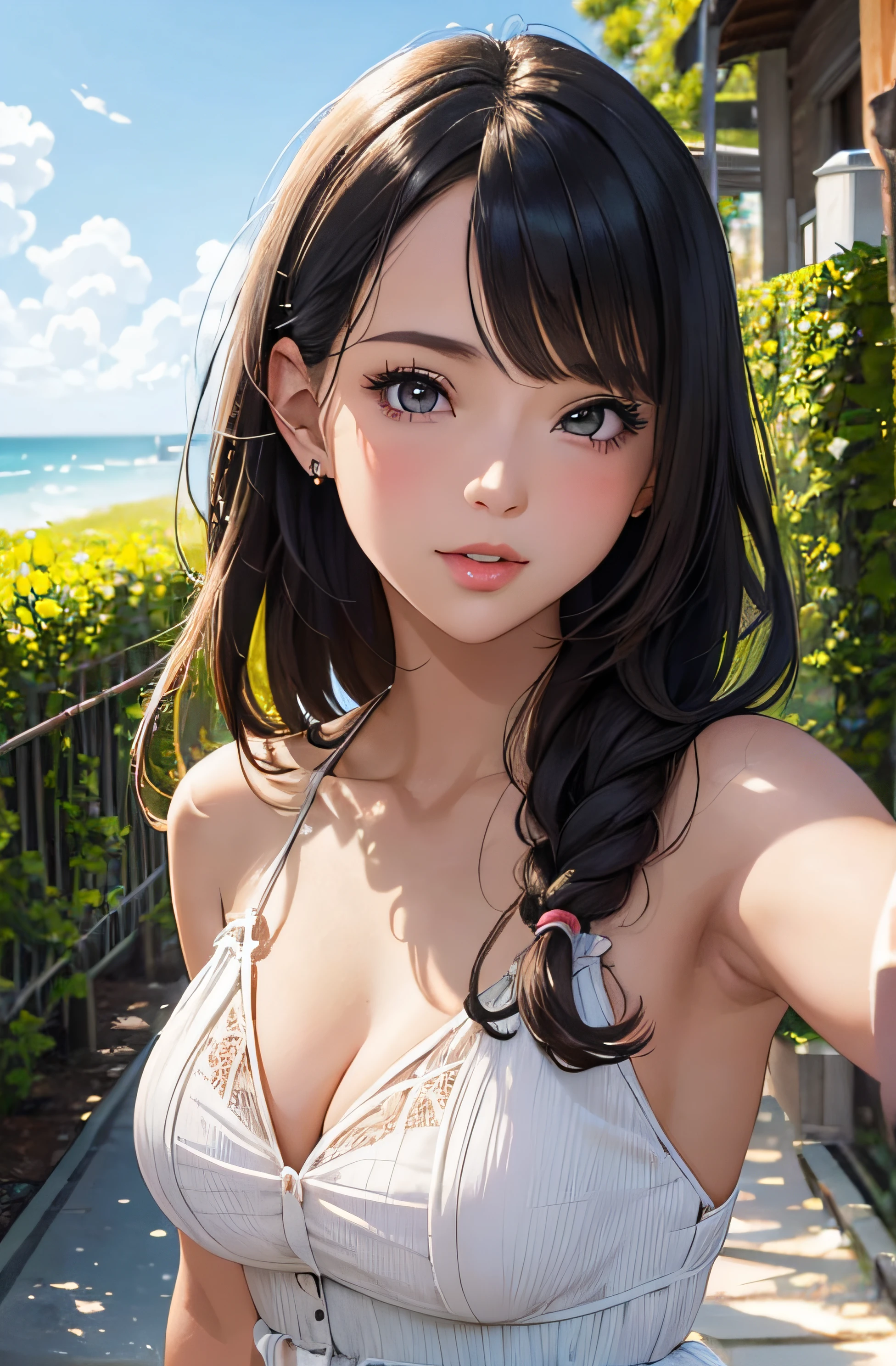 girl in summer clothes, ((taking a sefie)), random background, kiss, beautiful, medium breasts, flirtatious look, ((very detailed)), (perfectly detailed face), (well detailed hand), (well detailed hand), (well detailed hand), (well detailed hand), (well detailed hand) photorealistic image.