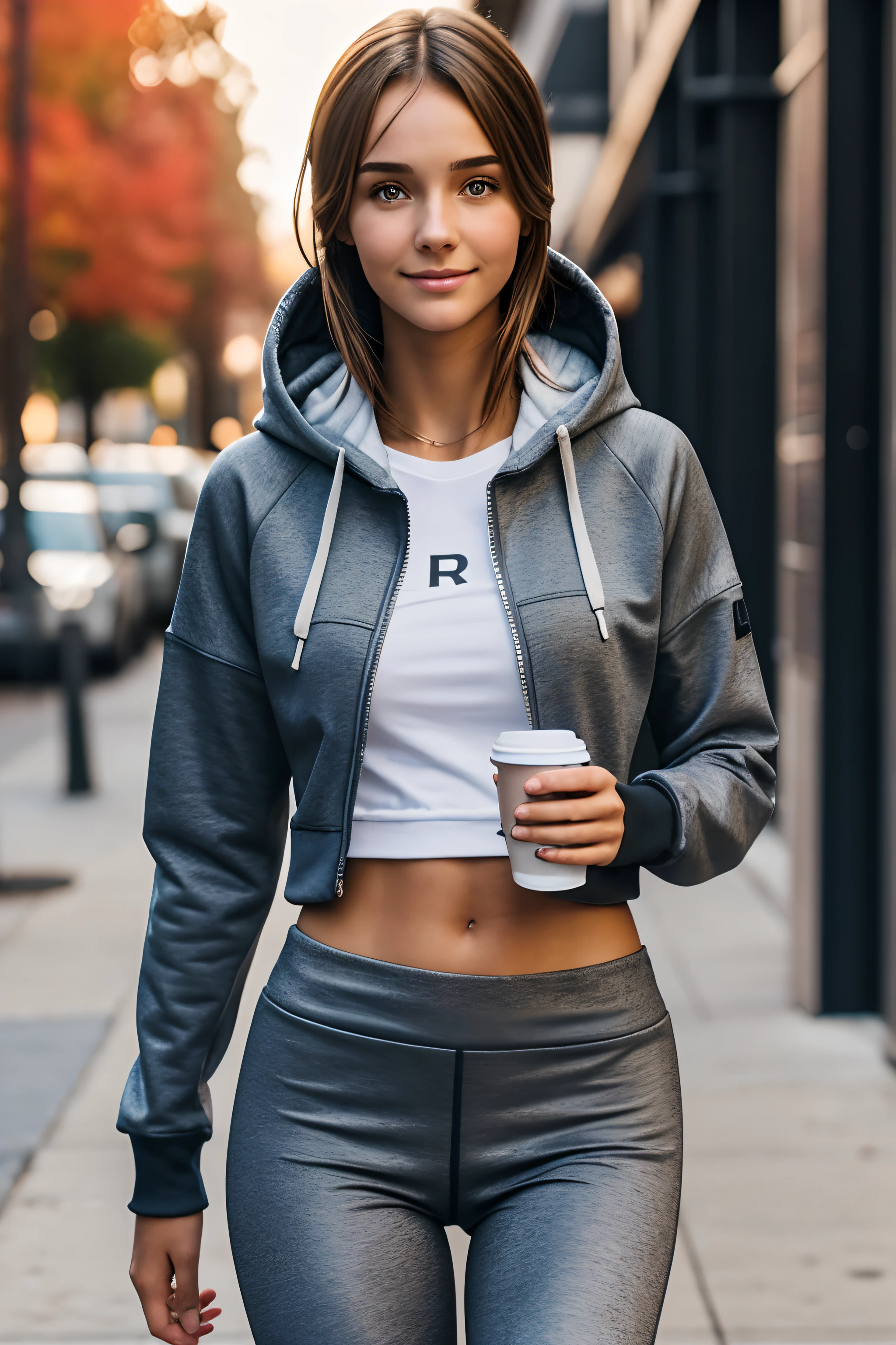 18 year old girl walking around town, happy face, hoody, leggings, clean skin, super skinny, very detailed, detailed face, rachel cook