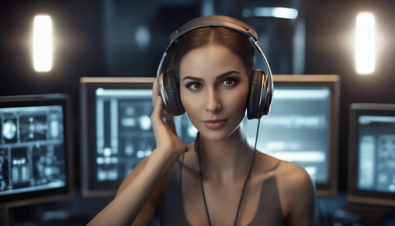 Create a realistic 3d cartoon pixer image. A young woman, white, small brown eyes, brown hair. wearing headphones and working on computer, technological environment. humanoid appearance,metallic shiny skin,mechanical parts of the body,Advanced Robotic Technology,LEDs cintilantes,precision mechanics,Interface do sistema do computador,High-tech camera system,Advanced Image Processing, Fotografia de IA