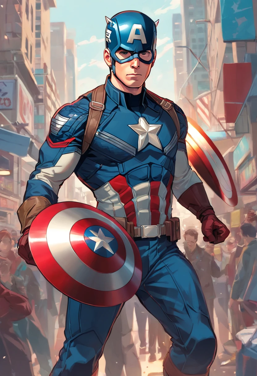 "A detailed illustration of Chris Evans as Captain America, encarando Robert Downey Jr (vestindo armadura do homem de ferro)."