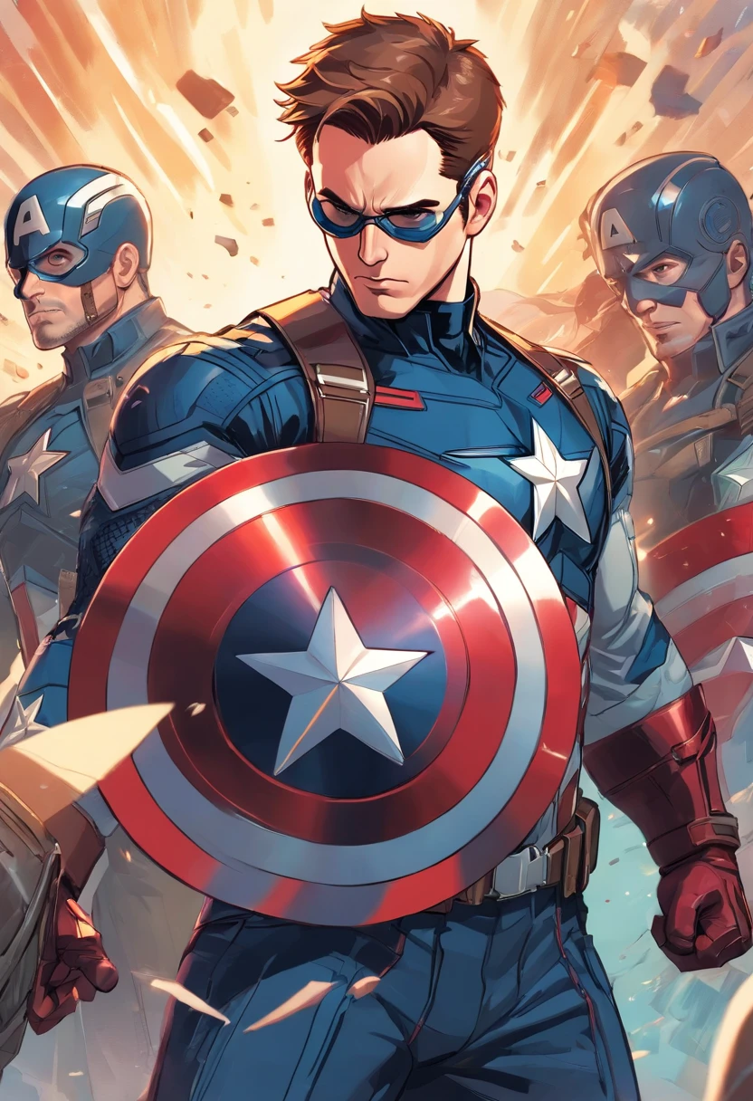 "A detailed illustration of Chris Evans as Captain America, encarando Robert Downey Jr (vestindo armadura do homem de ferro)."