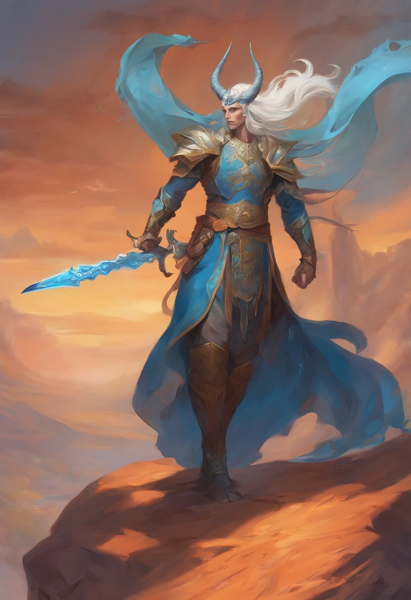 A blue skinned male Tiefling, wearing Roning robes, stands alone looking into the distance while holding a sword. He has a single horn on his head, long white hair, blue skin, white flower tattoos on his chest, shoulders, and neck. Long white hair, tied back, Three eyes. Very tall, slender, and strong. Muscled.