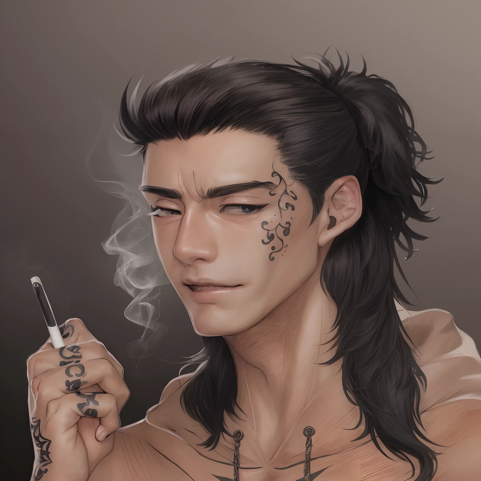There's a human man with a cigarette and a tattoo on his face, inspirado em Okumura Masanobu, handsome japanese demon boy, cara bonito na arte demon slayer, inspired by Itō Ogura Yonesuke, kentaro miura manga art style, Kazuya Tsurumaki, kentaro miura manga style