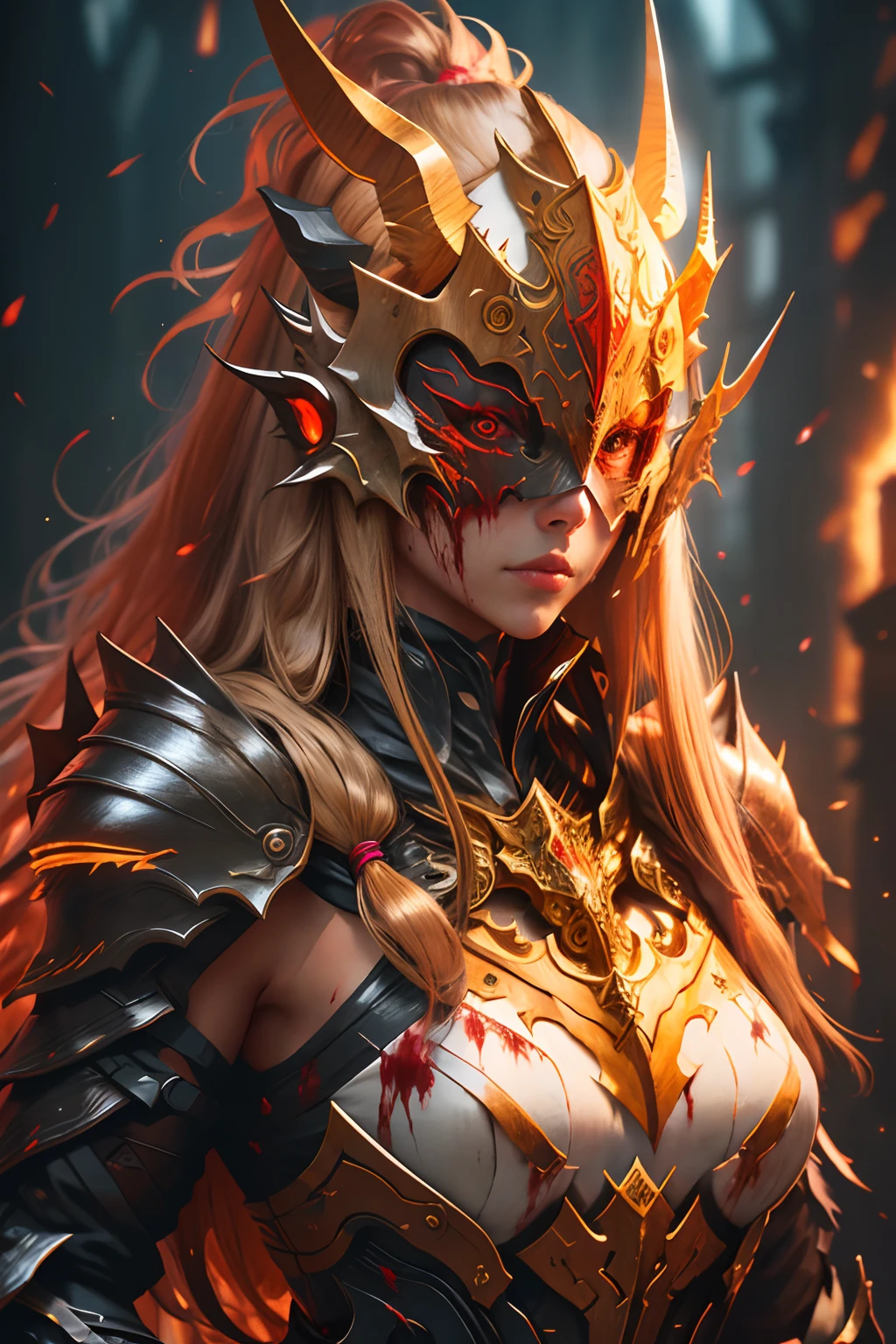 sh4g0d, Girl , Wearing a mask made of wood, Portrait, Standing, dark blonde straight long hair, covered in blood, Brilliant detail and color