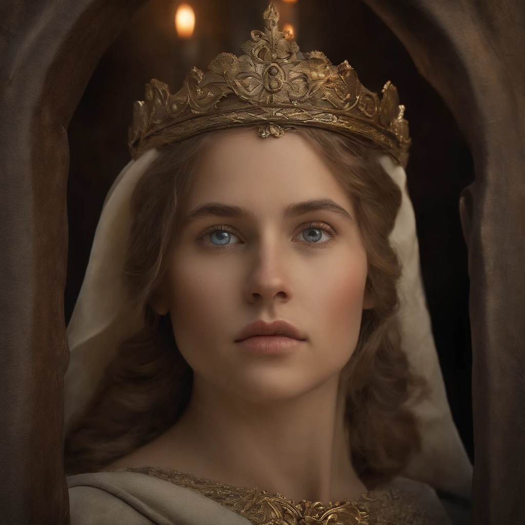 A 16-year-old Joan of Arc is shepherding her flock in the woods when she receives a divine mandate from the archangel Michael, St. Catherine of Alexandria and St. Margaret of Antioch. Archangel Michael radiates majesty and masculine beauty, She wears armor that shines like the sun and her blond hair is crowned. He looks at Joan with compassion through her blue eyes. A su lado santa Catalina sostiene una espada y santa margarita un escudo vaticinando el futuro se juana