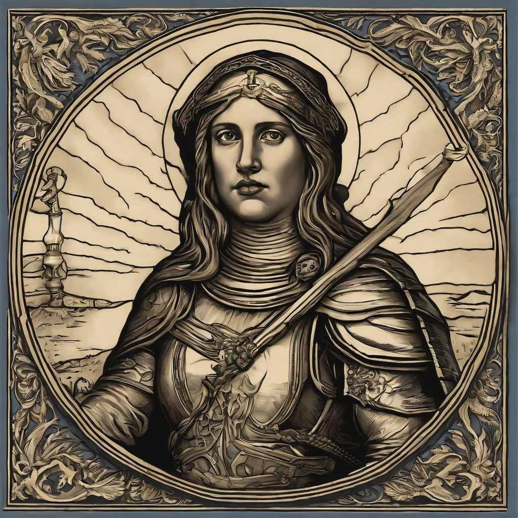 A 16-year-old Joan of Arc is shepherding her flock in the woods when she receives a divine mandate from the archangel Michael, St. Catherine of Alexandria and St. Margaret of Antioch. Archangel Michael radiates majesty and masculine beauty, She wears armor that shines like the sun and her blond hair is crowned. He looks at Joan with compassion through her blue eyes. A su lado santa Catalina sostiene una espada y santa margarita un escudo vaticinando el futuro se juana