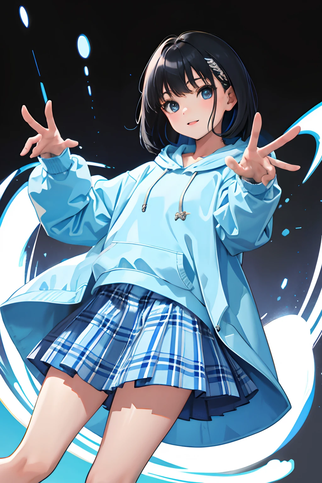 child,(masterpiece,Highest Quality),Light blue hoodie,plaid skirts,Short sleeved black hair