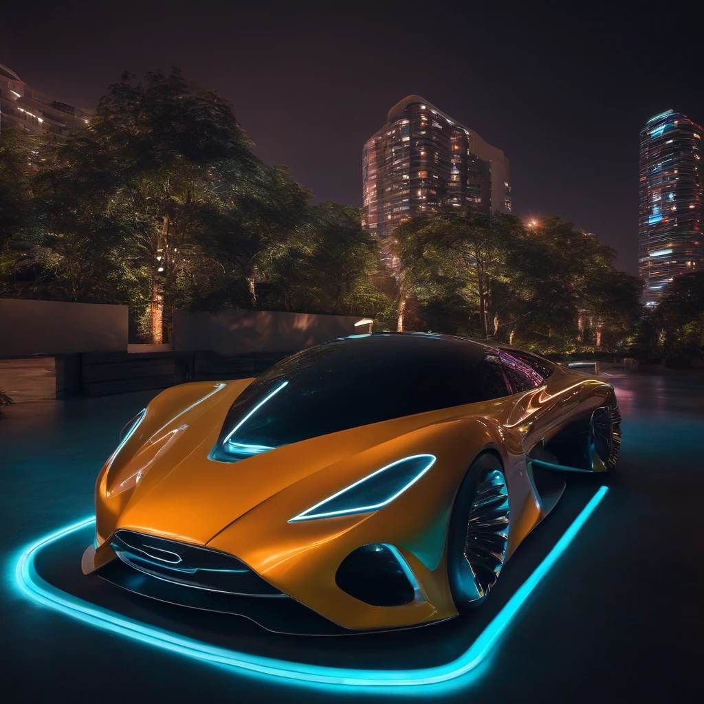 A futuristic car with a cinematic style, em ambiente urbano noturno, with neon lights reflecting its avant-garde and streamlined design