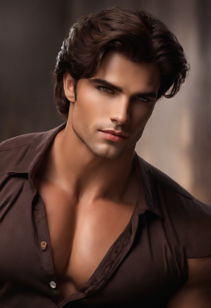 A male fashion model 30 years old, tanned, [[[[closeup]]]], [[[[chest]]]], [[[[neck]]]], [[[[shoulders]]]], perfect honey eyes, perfect iris, perfect lips, perfect teeth, perfect skin, short messy hair, soft front light, glow, HDR, (muted colors:1.2)