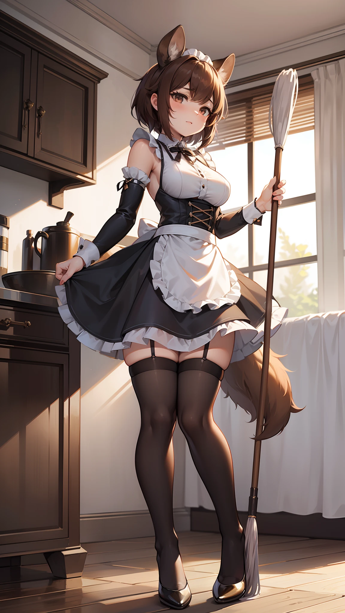 3DMM style,(Masterpiece, Top Quality, Best Quality, official arts, beautiful and aesthetic:1.2), (s fractal art:1.3), 1girl, (anthro furry:1.6, Horns, hooves:1.5, deer ears, Deer tail, brown fluffy skin), Beautiful, higly detailed, brown hair, gray eyes, Dark lighting, seductive face, Middle C maid outfit, apron, translucent stockings, fetish), Seductive legs, House Cleaning, Working with a mop, full - body:1.8, ah high, perfect anatomy