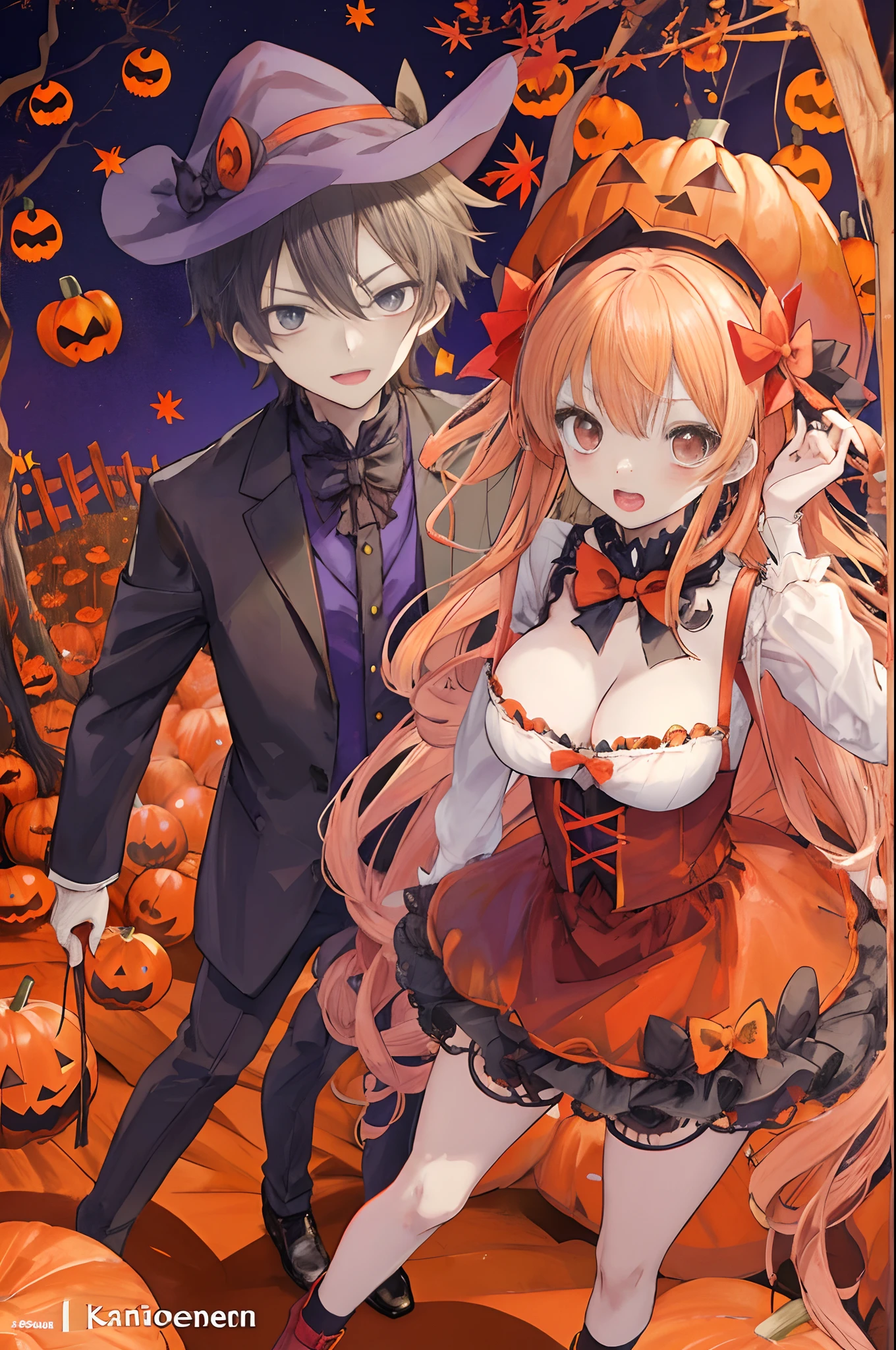 anime couple dressed in halloween costumes standing in front of pumpkins, trick or treat, loli, 🍂 cute, halloween celebration, by Kamagurka, halloween theme, zerochan, halloween night, halloween art style, zerochan art, 🍁 cute, in a halloween style, halloween atmosphere, kawacy, halloween, ❤🔥🍄🌪, happy!!!