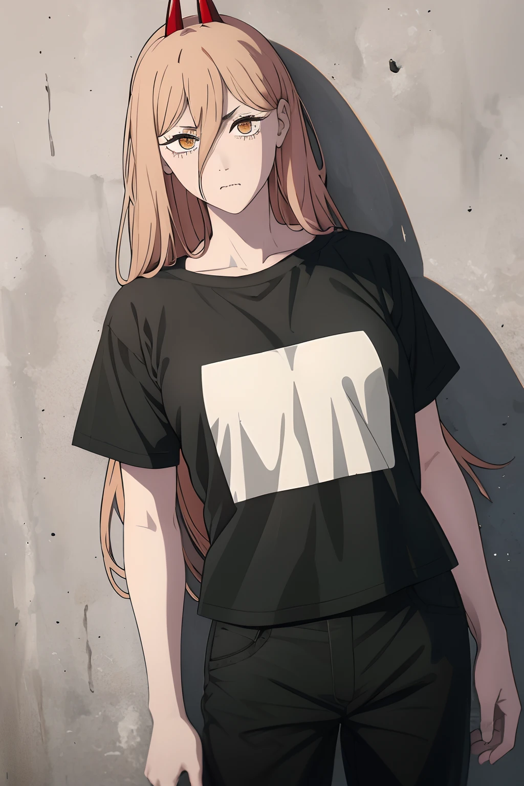 power_chainsawman, power_csm, blonde hair, yellow eyes, cross-shaped pupils, symbol-shaped pupils, red horns, sharp teeth, long bangs, 1girl, solo, Black T shirt, black shirt, T-shirt, loose shirt, Black Slacks pants, standing, open pose, looking at viewer, facing at viewer, upper body, eye level, concrete wall background, plain concrete wall background, photoshoot, best quality, ultra detailed, beautiful, masterpiece, best quality