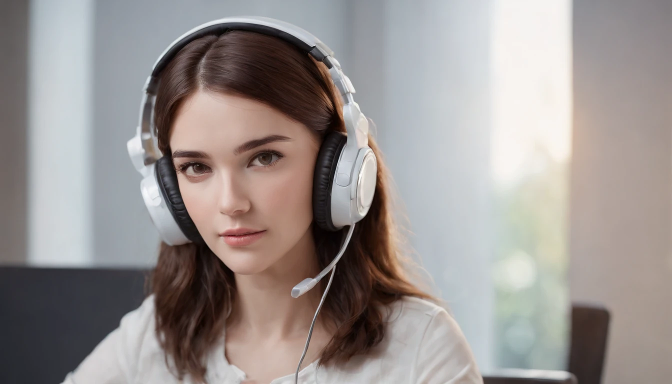 Create a realistic 3d cartoon pixer image. A young woman, robotic, white, small brown eyes, medium brown hair. wearing headphones and working on computer, technological environment.