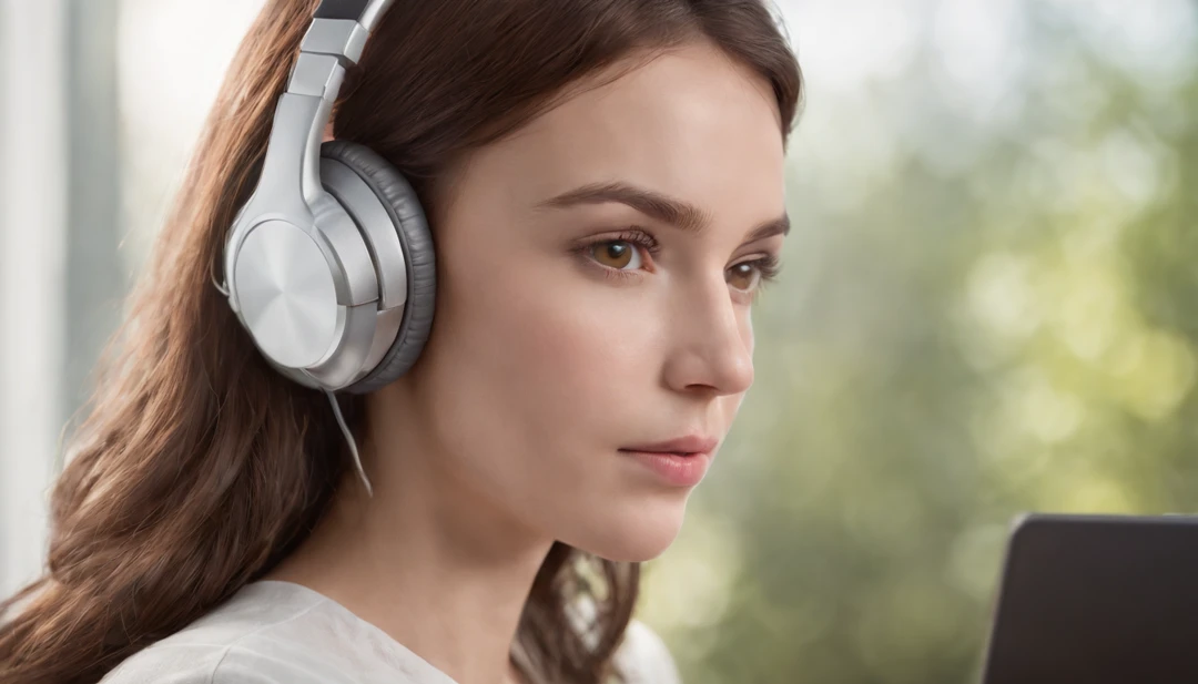 Create a realistic 3d cartoon pixer image. A young woman, robotic, white, small brown eyes, medium brown hair. wearing headphones and working on computer, technological environment.