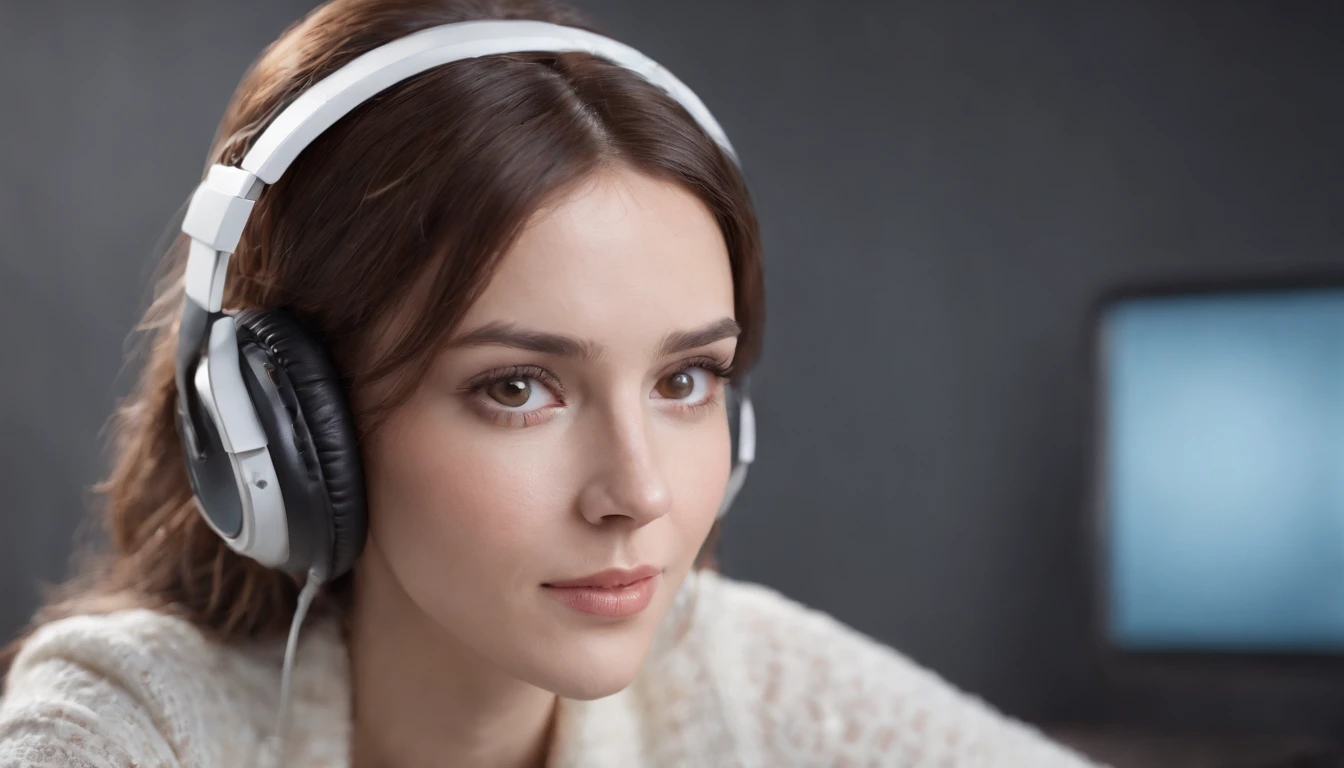 Create a realistic 3d cartoon pixer image. A young woman, robotic, white, small brown eyes, medium brown hair. wearing headphones and working on computer, technological environment.