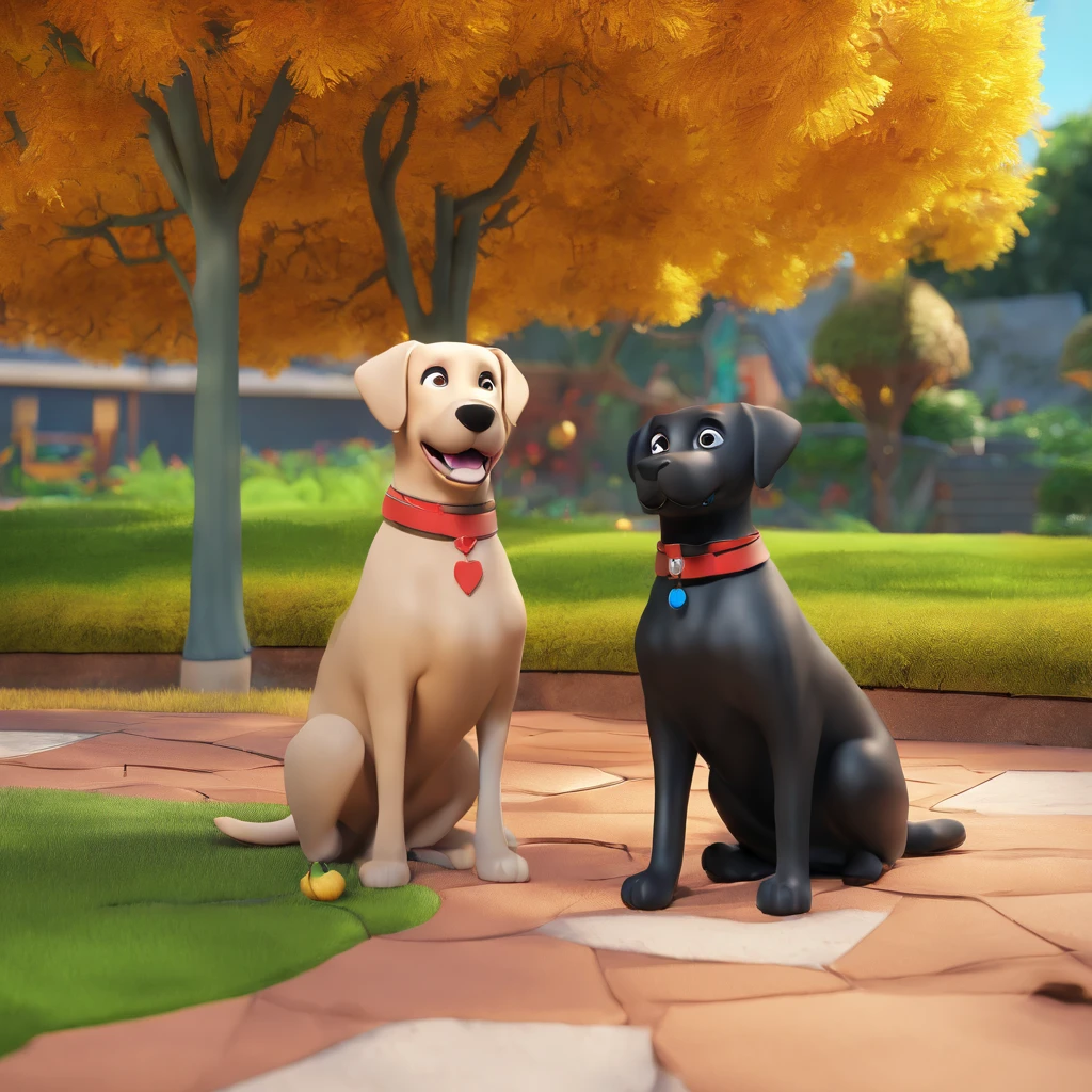 Cartoon. There is a dark brown Labrador retriever dog with brown eyes, a happy goofy expression, is sitting next to an all black cat that has long hair looks grumpy, irritated, with large expressive bright yellow eyes. the background is a grassy backyard with an apple tree, the tree has many apples, and there are apples on the ground