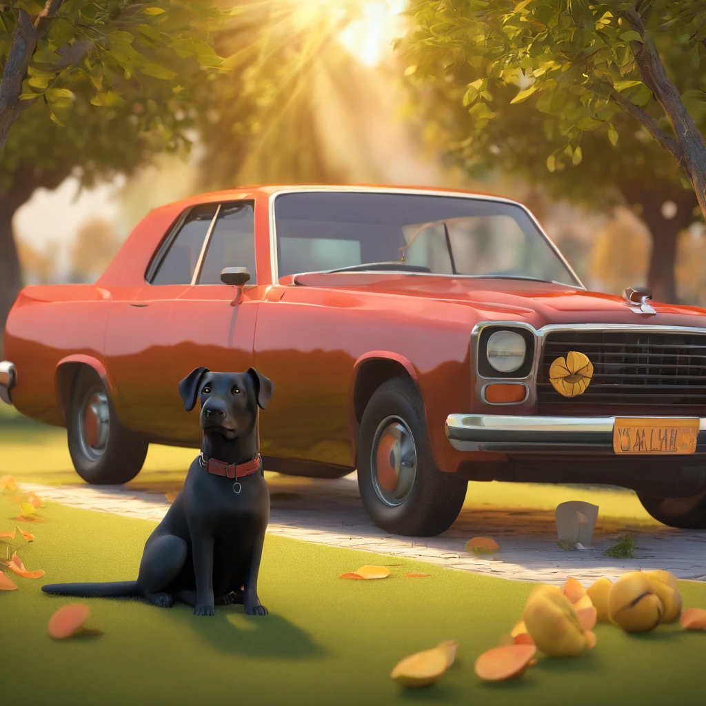 Cartoon. There is a dark brown Labrador retriever dog with brown eyes, a happy goofy expression, is sitting next to an all black cat that has long hair looks grumpy, irritated, with large expressive bright yellow eyes. the background is a grassy backyard with an apple tree, the tree has many apples, and there are apples on the ground