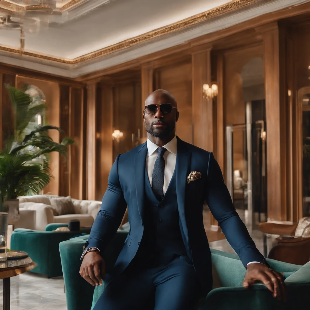 A handsome black business man in a luxurious environment during the day, conveying confidence and determination