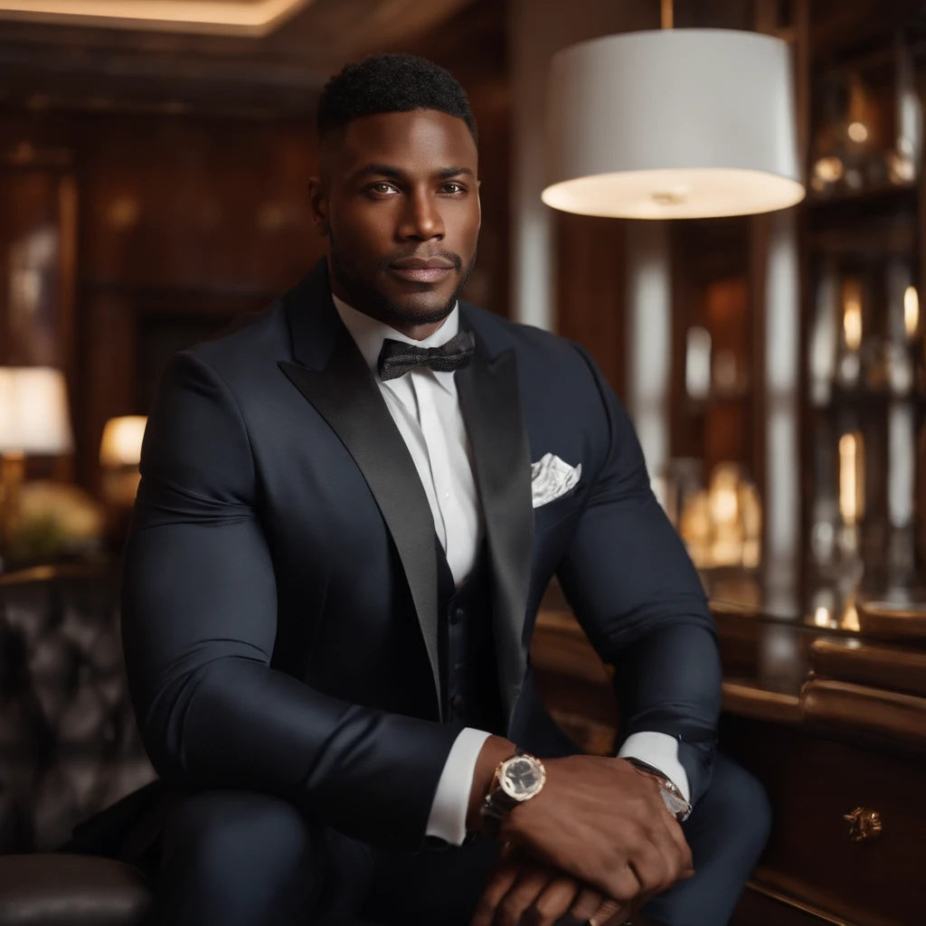 A handsome black business man in a luxurious environment during the day, conveying confidence and determination