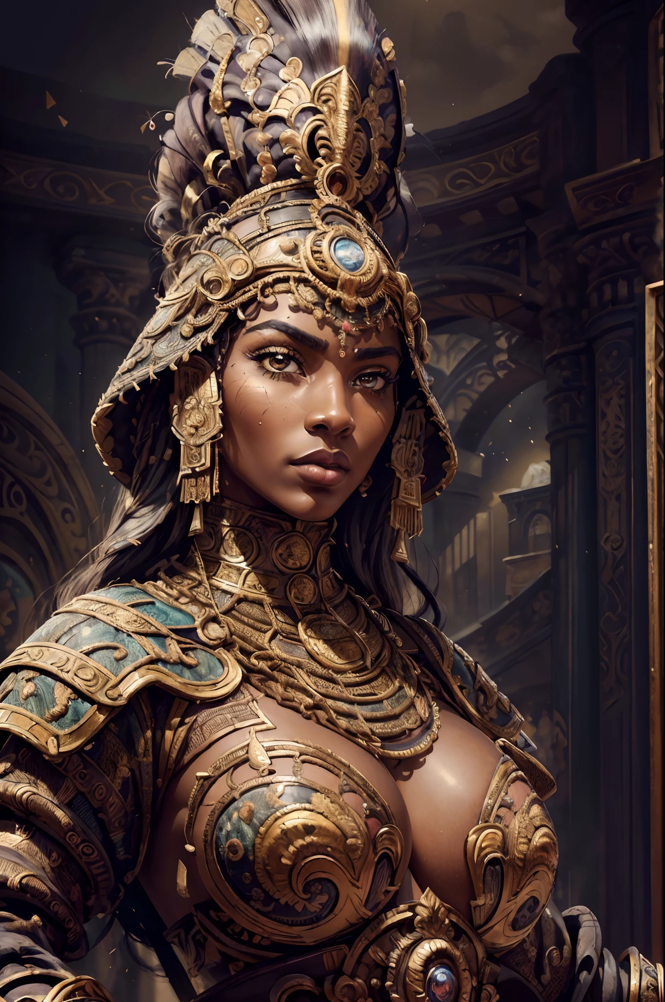 (best quality,4k,8k,highres,masterpiece:1.2),ultra-detailed,(art,cartoon color:1.37), HDR, linhas grossas, portraits, African American woman, dark skin, elegant pose, sensual, beautiful curves, intricate details, elaborate hairstyle, strong facial features, mesmerizing eyes, full lips, smooth skin, high contrast, dramatic lighting, vibrant colors