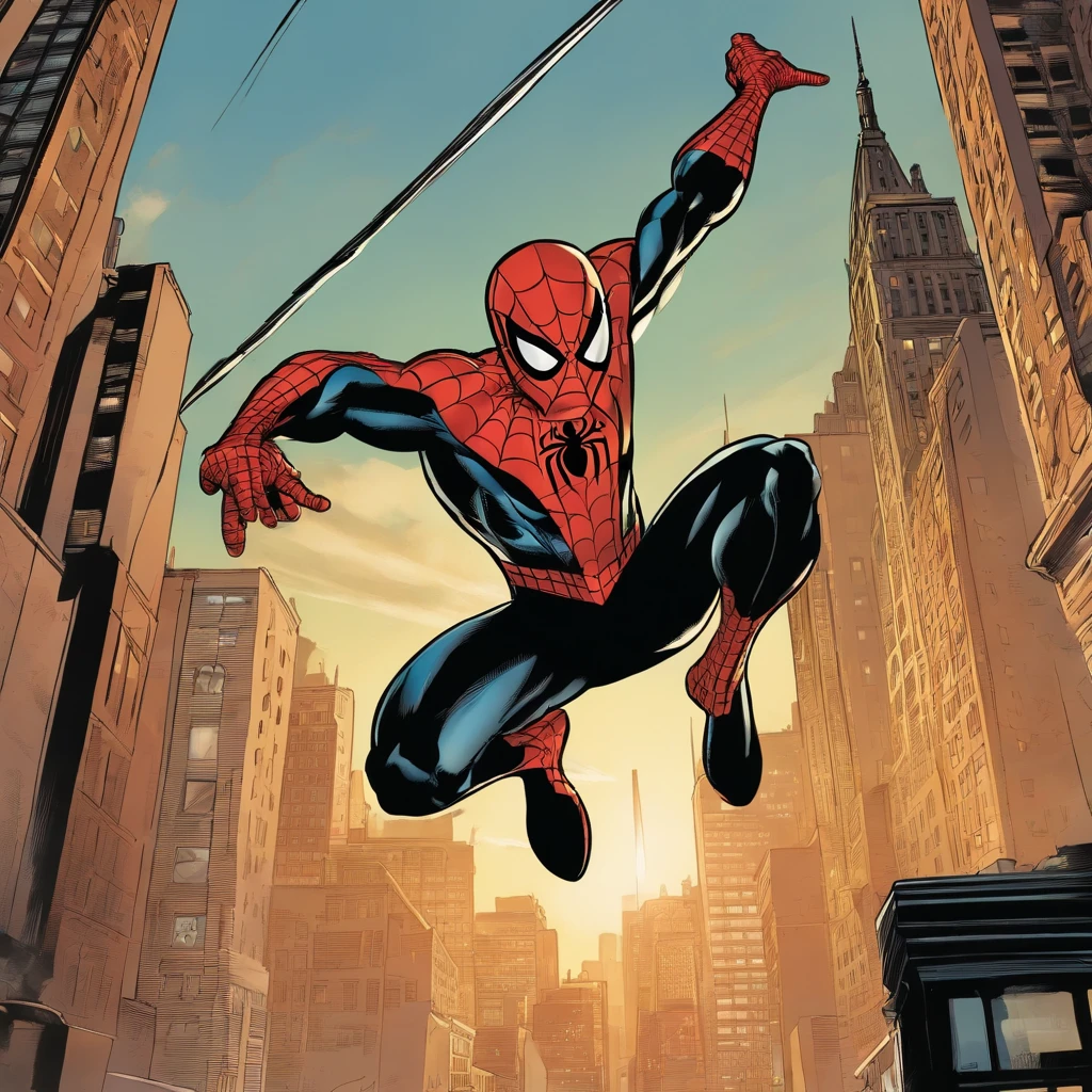 A Spider-Man comic, with panels full of action and movement, depicting the hero swinging between the buildings of New York, facing iconic villains and displaying his agility and superhuman strength