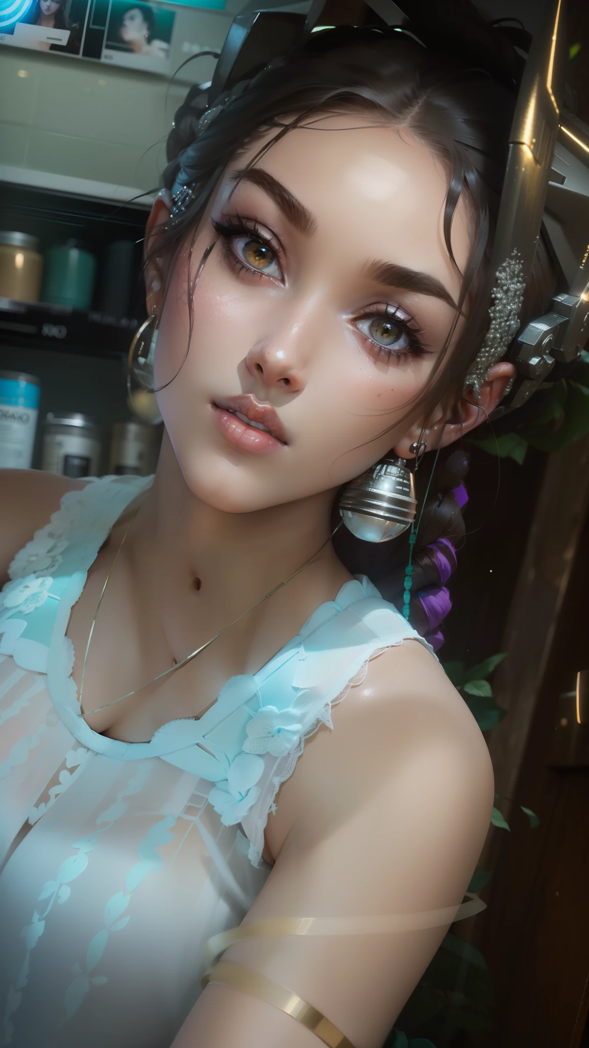 Foto de retrato de rosto completo de europeia de 25 anos, ...RAW, mulher bonita, semi-open strawberry lip, covinhas, wistful expression, (brown hair with extra long wavy), ((rosto detalhado)), ((detailedfacialfeatures)), (pele fina detalhada), pale skinned, ambiente de megacidade cyberpunk, (cor fria), humid, humid, reflexo, (masterpieceShot com Canon EOS R5 (detalhe) (Fotos realistas) (detalhes detalhados) mola a 50mm | |, F/2.8, HDR, (8k) (papel de parede) (cinematic lighthing) (lighting dramatic) (foco nítido) (complexo), fotografia ...RAW, fotografia ...RAW, fotografia gigachade, camera pose, jeans preto, back arm, 8k UHD, DSLR, de alta qualidade, grain movie, Fujifilm XT3, Film Stock Photo 4 Kodak Portra 400 Camera F1.6 Rich Colors Lenses Ultrarealistic Textures Dramatic Lighting Unreal Engine Art Station Trends Cinestill 4B8r3B4p7yhRXuBWLqsQ546WR43cqQwrbXMDFnBi6vSJBeiF8tPW85a7r7DM961Jvk4hdryZoByEp8GC8HzsqJpRN4FxGM9mess, Muscles, Veias Estouradas, Contas, (( portanto & roxo vestido sexy)), (rabo de cavalo, 1 capacete grande),