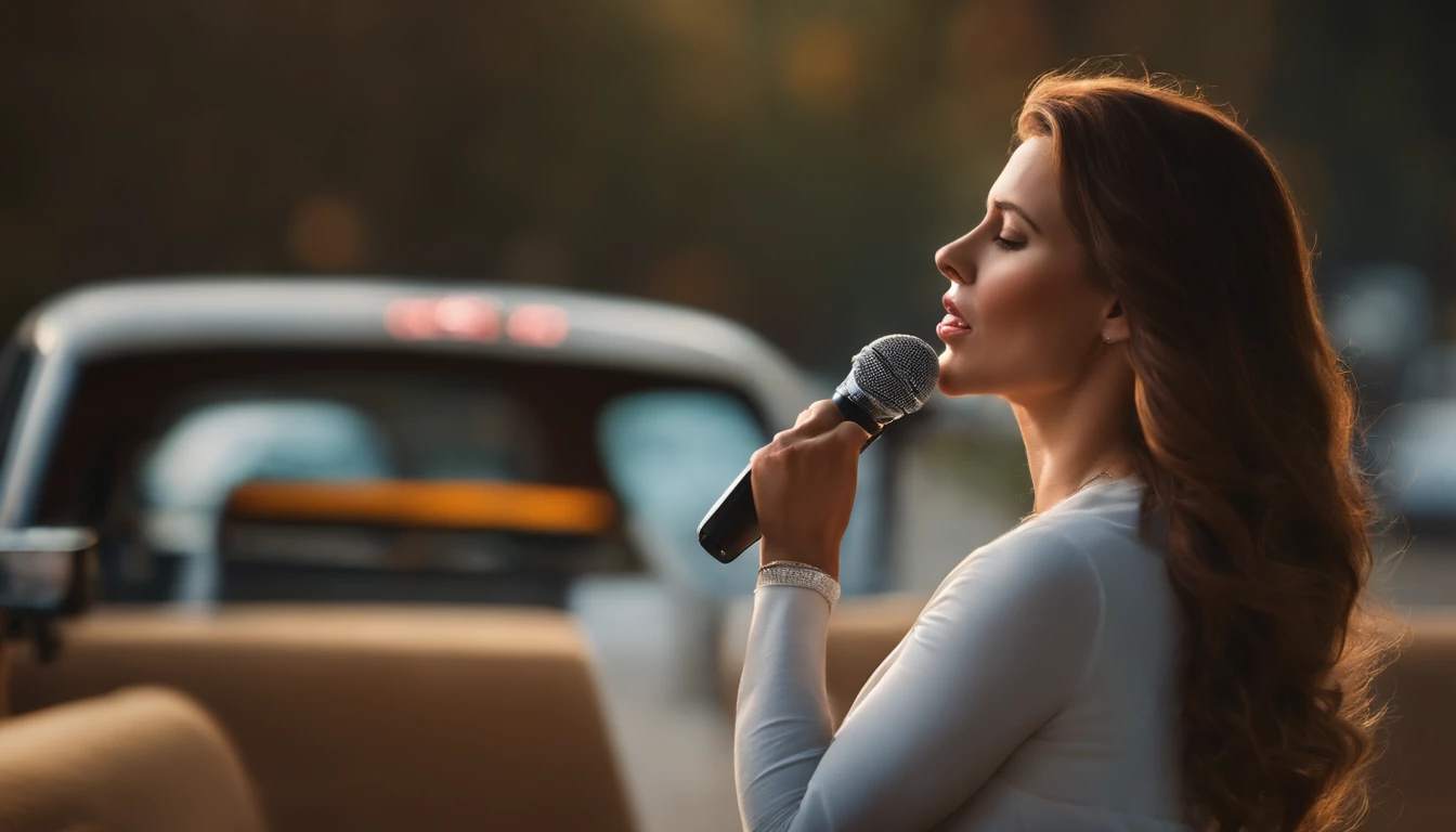 Recreate these last images with same background. Woman is white american, mouth closed. Woman has short light brown hair. Woman visible from back side. Face invisible. Microphone in one hand and open arm.