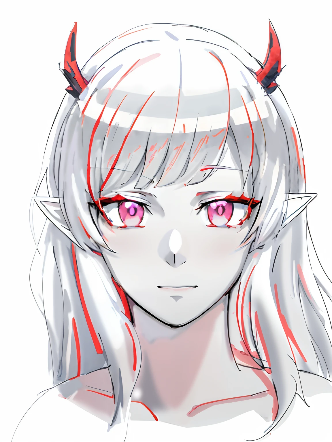 anime girl with white hair and horns and red eyes, detailed anime soft face, flat anime style shading, anime shading), demon anime girl, white horns queen demon, made with anime painter studio, anime shading, pale pointed ears, detailed anime face, colored lineart, pointed face and red eyes, semirealistic anime style, semi realistic anime, white background : 3