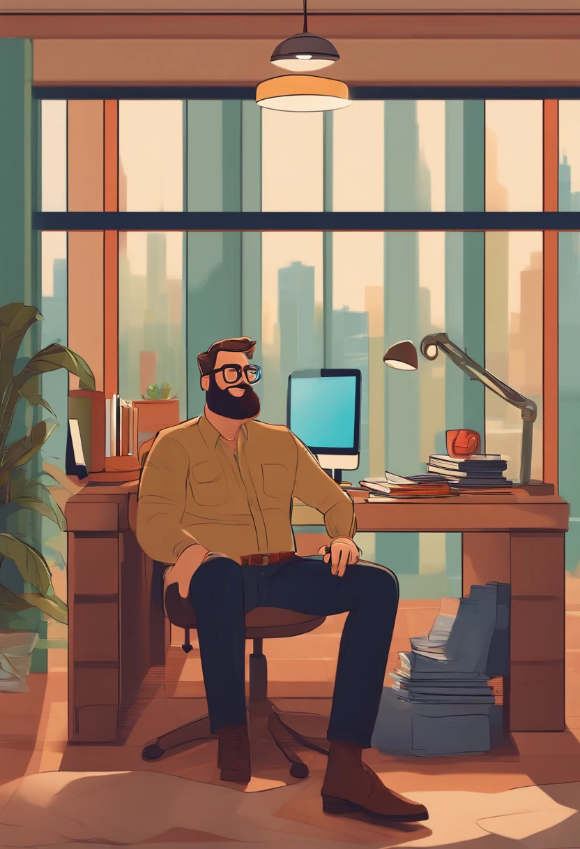Homem adulto, loiro, de oculos quadrado, barba de lenhador, camisa social, at office, feliz, homem adulto, estilo de arte pixar, estilo da pixar