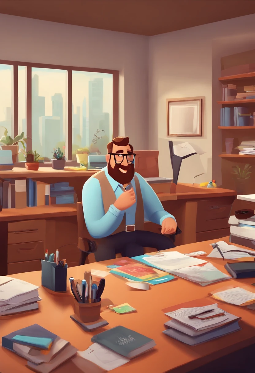 Homem adulto, loiro, de oculos quadrado, barba de lenhador, camisa social, at office, feliz, homem adulto, estilo de arte pixar, estilo da pixar