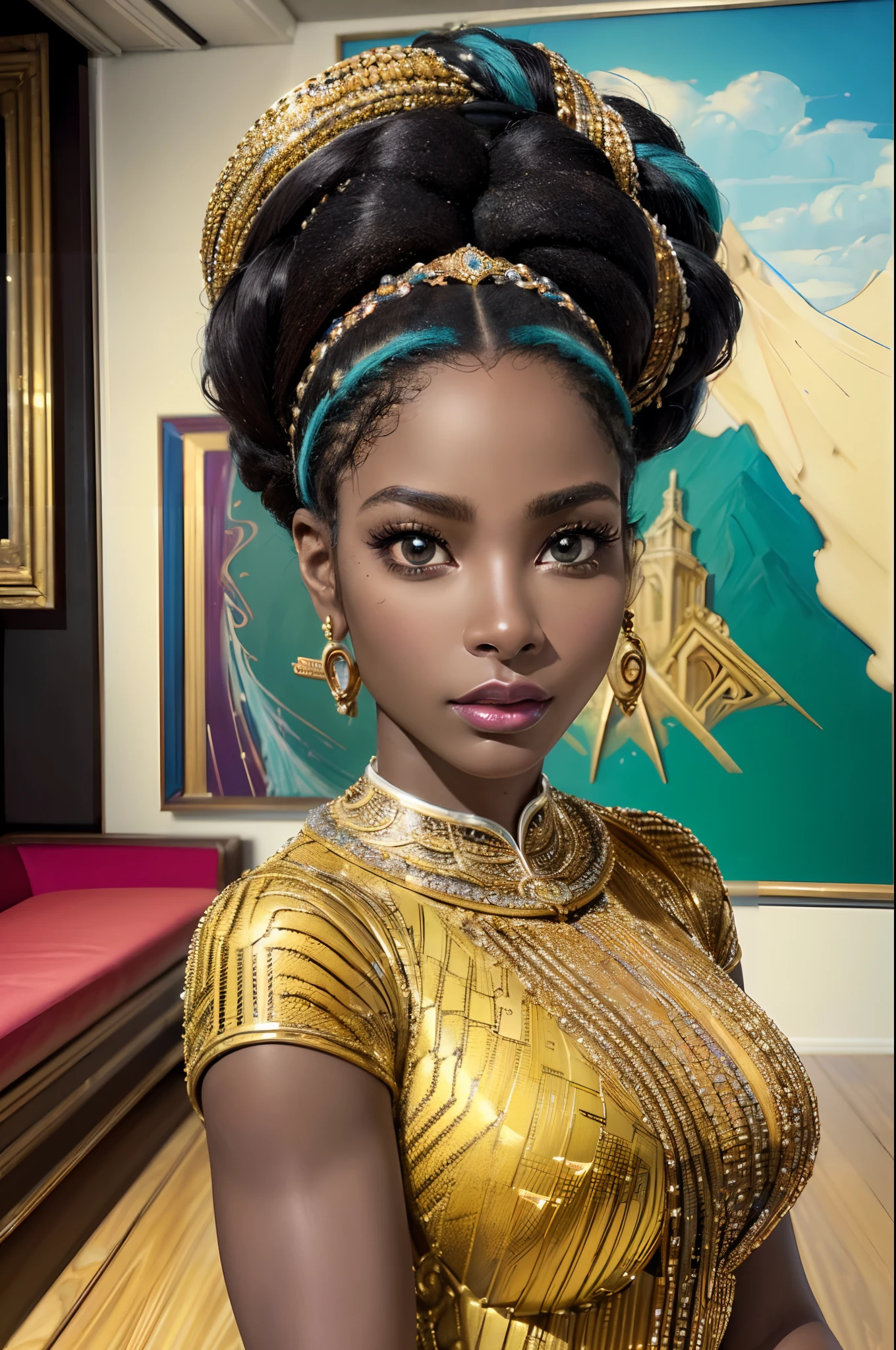 (best quality,4k,8k,highres,masterpiece:1.2),ultra-detailed,(art,cartoon color:1.37), HDR, linhas grossas, portraits, African American woman, dark skin, elegant pose, sensual, beautiful curves, intricate details, elaborate hairstyle, strong facial features, mesmerizing eyes, full lips, smooth skin, high contrast, dramatic lighting, vibrant colors