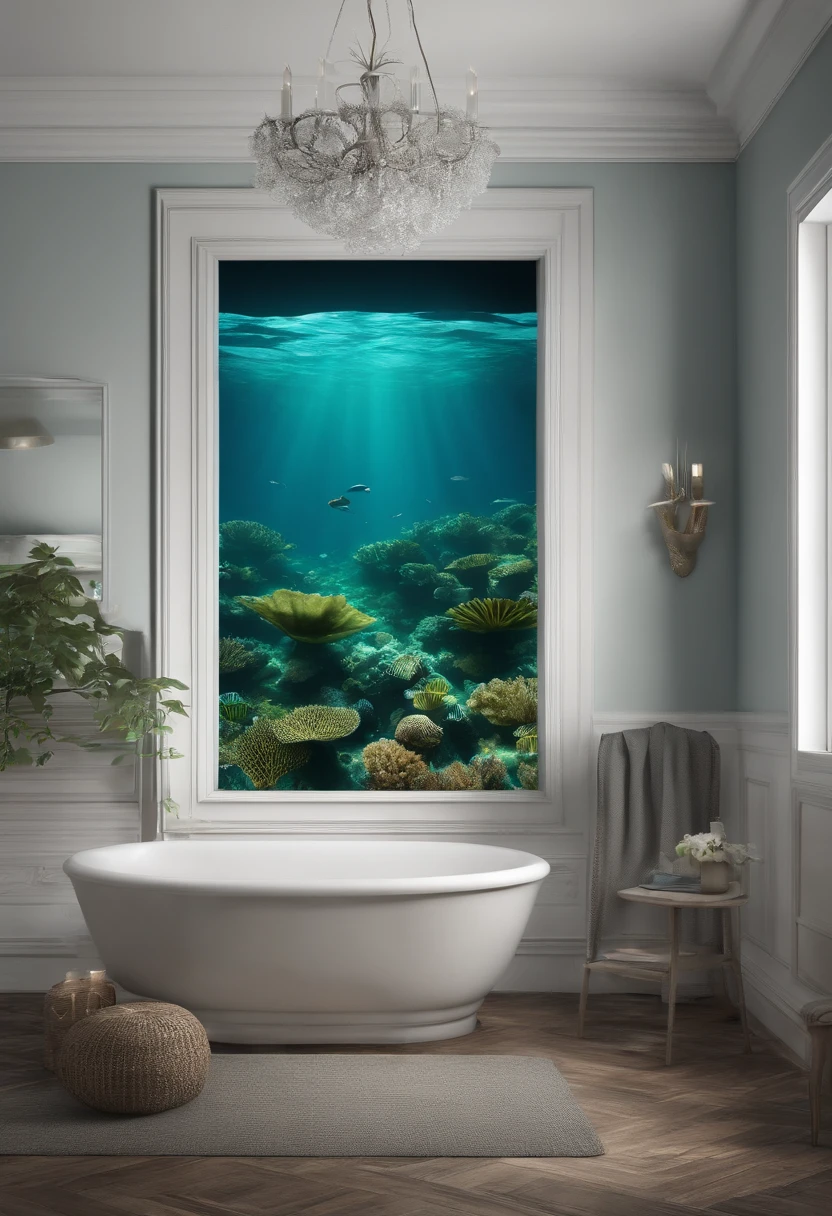 Dive into the deep sea with an immersive and unique wallpaper, repleto de tons de azul e verde-claro . Imagine os peixes nadando, The seaweed dancing and the sun reflecting on the tranquil waters. This wallpaper will create a serene and relaxing ambiance in your rooms!"
