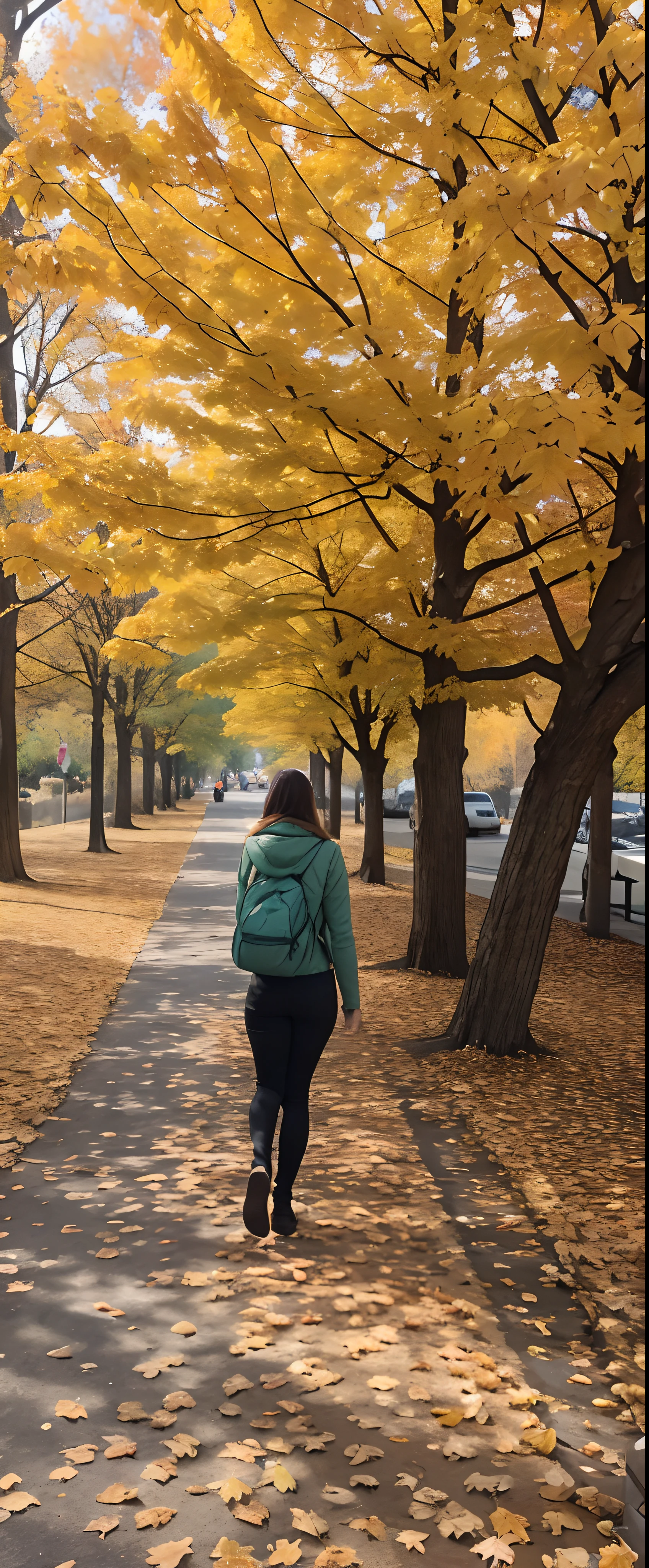 Araffe walks on a green sidewalk in a park, in the autumn, in the autumn, in the autumn, in the autumn, Golden Autumn, Autumn colors, autumn season, Autumn leaf fall, autumn season, in the city park, Hyper-Realistic Fall, falling leaves, in park, autumn! Colors, Golden Leaves, Bright, but dull gold, 🍁 Cute
